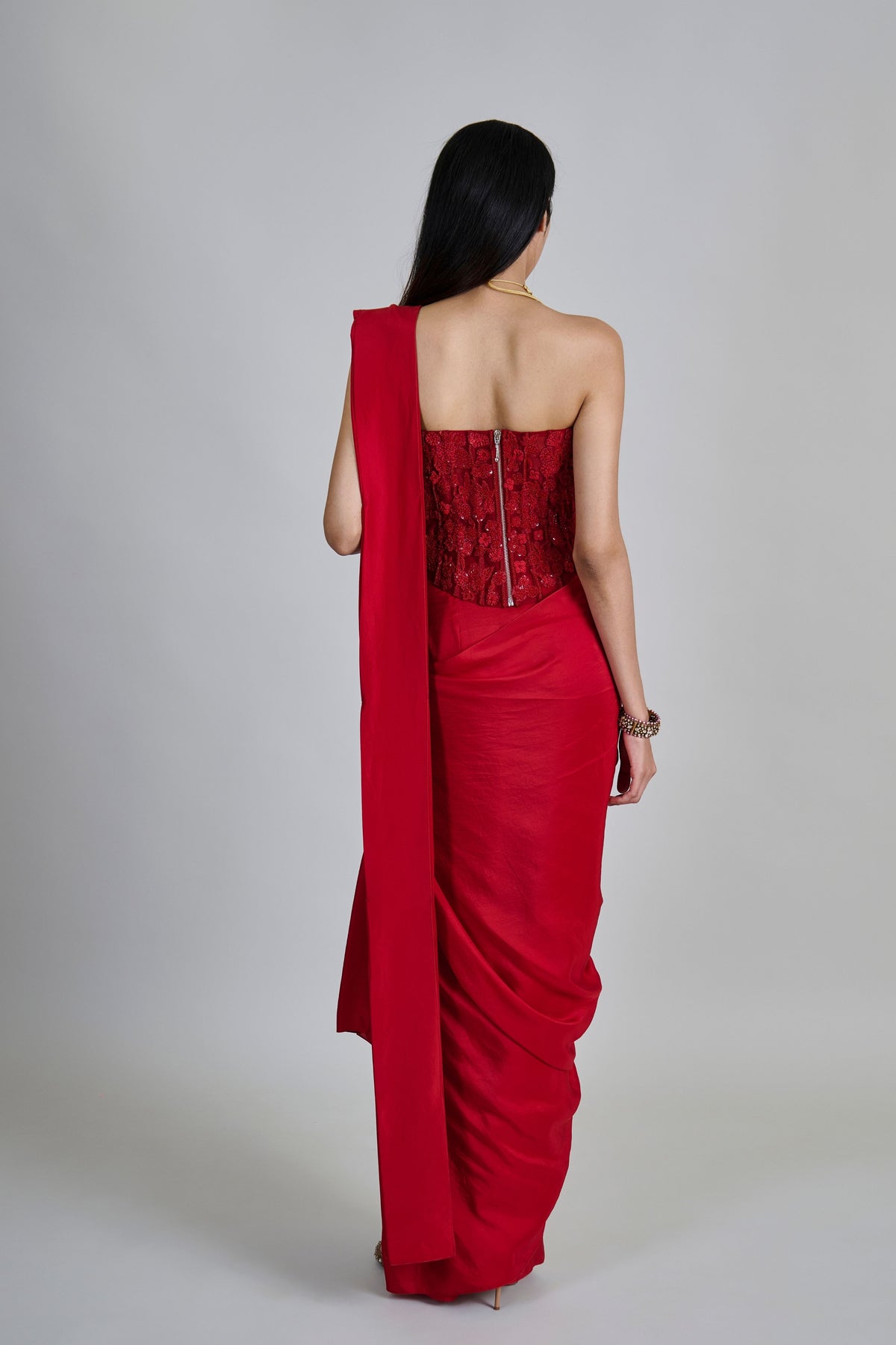 Zin Red Draped Saree Set