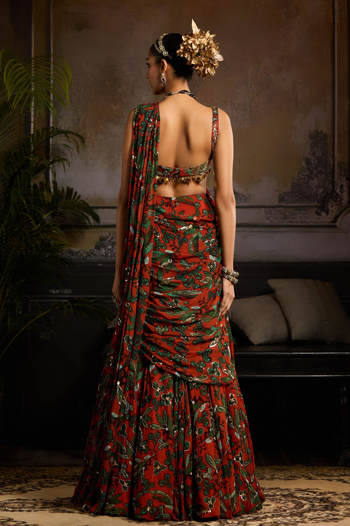 Printed Draped Saree Set in Rust
