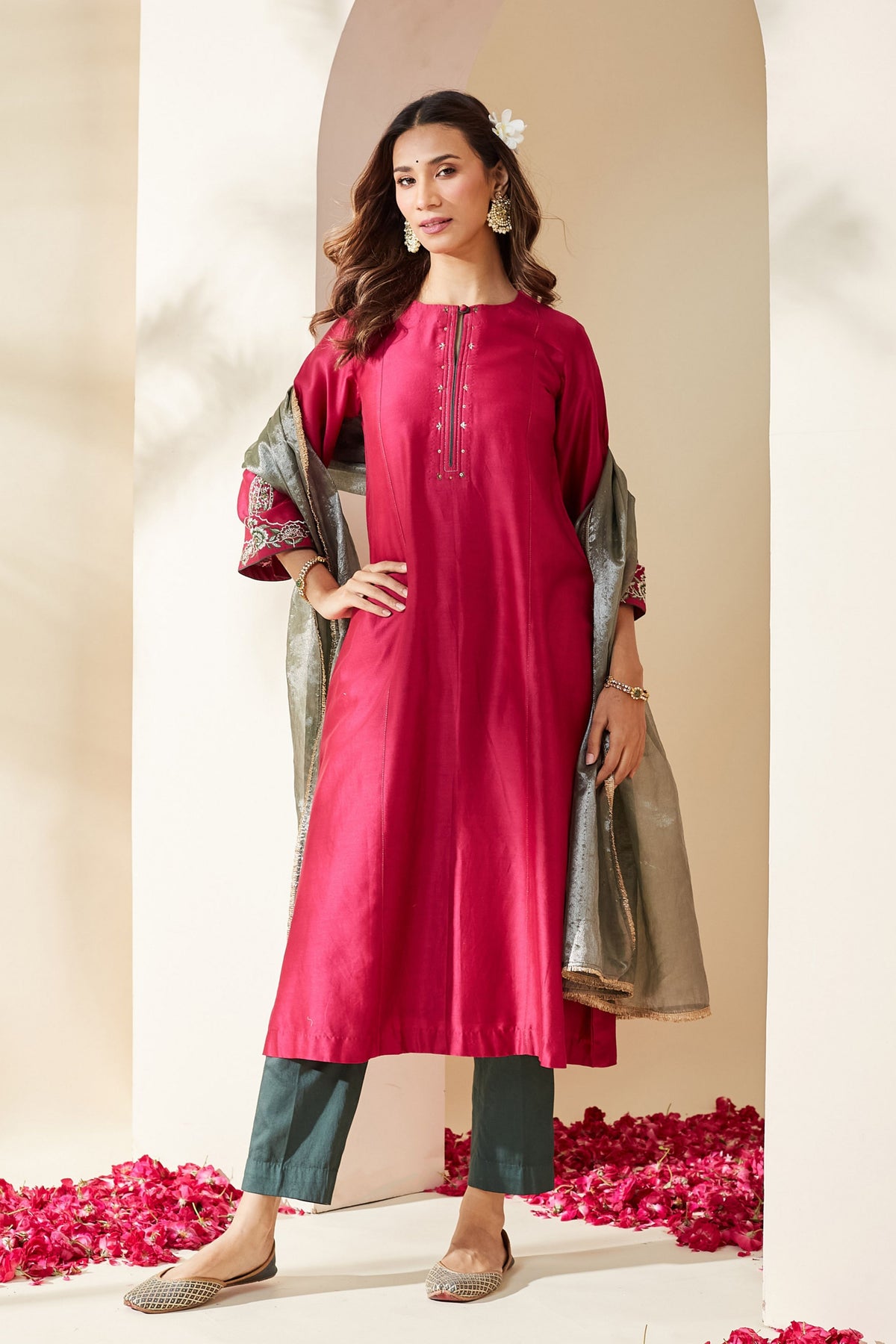 Magenta Floral Chanderi Kurta Set
