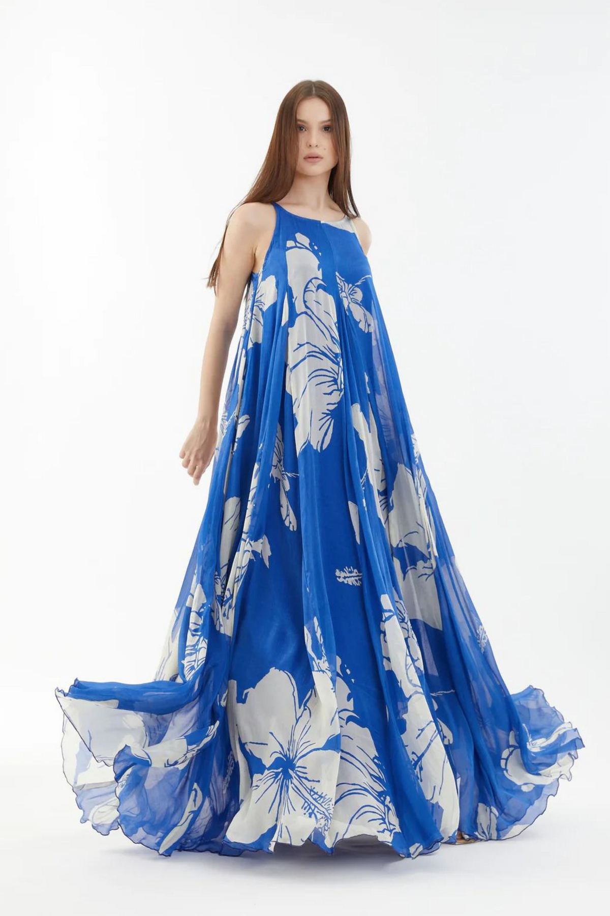 Blue And White Floral Sleeveless Long Dress