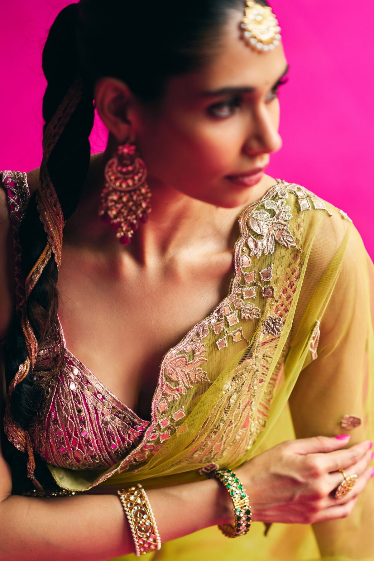 Lime Green Net Saree Set