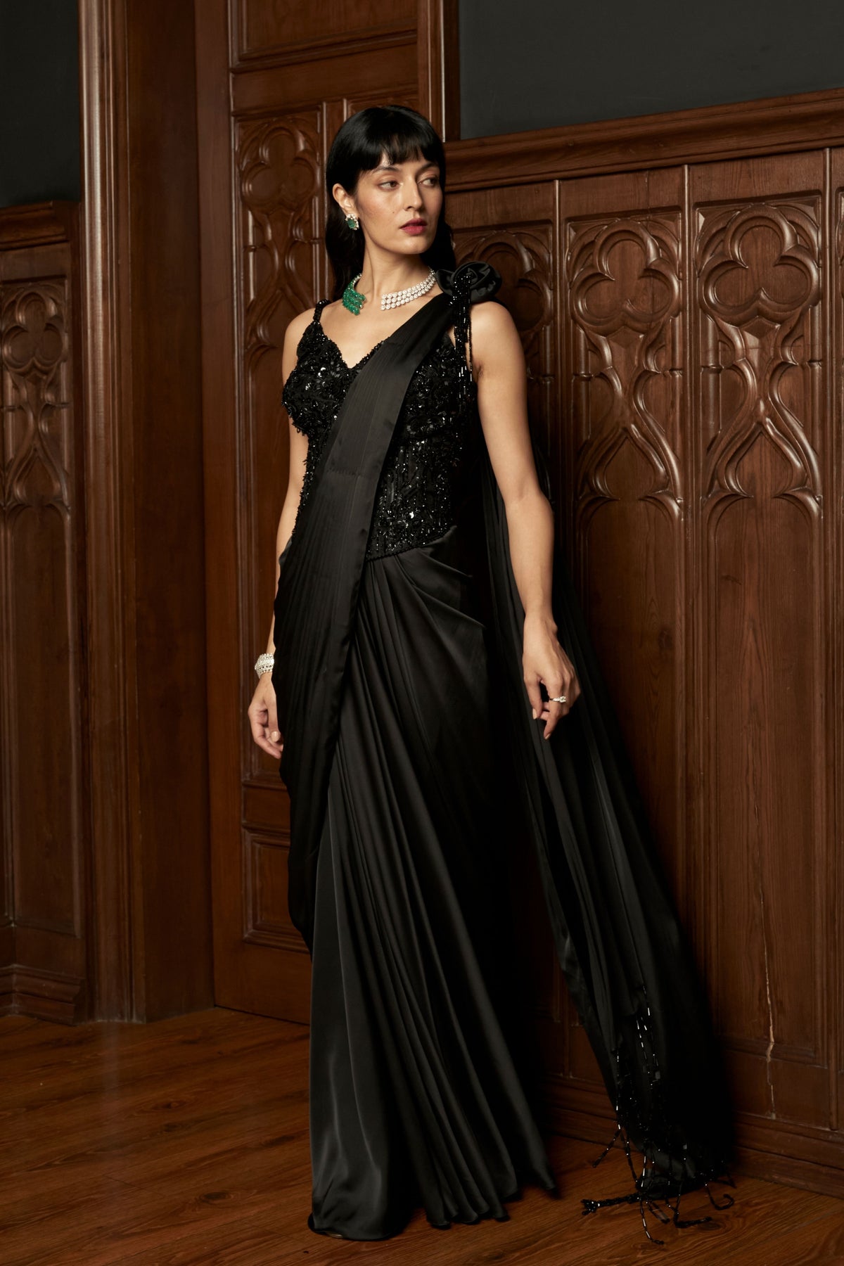Black Cocktail Corset Drape Saree