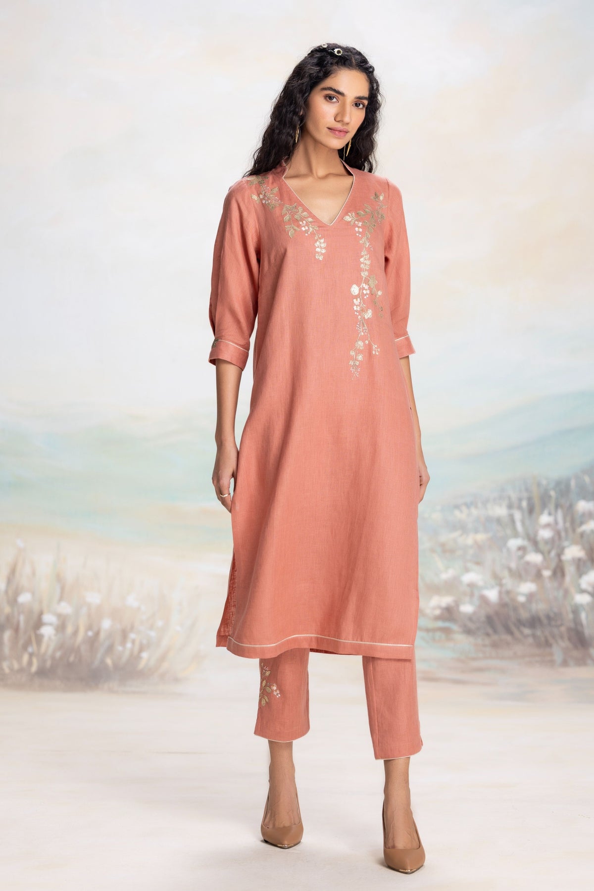 Golden Leaf Peach Kurta Set