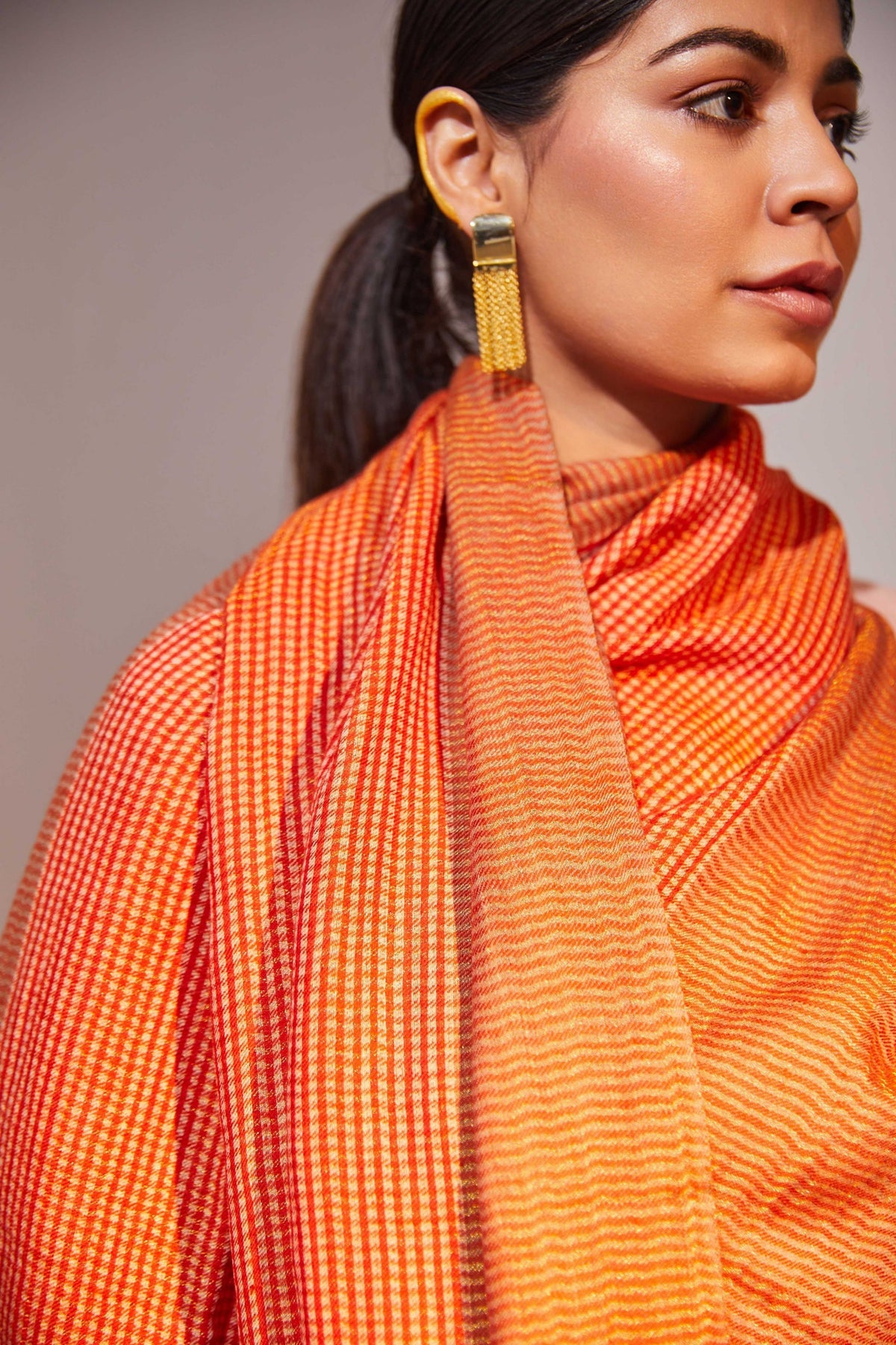 Zari Check Reversible Vermillion Stole