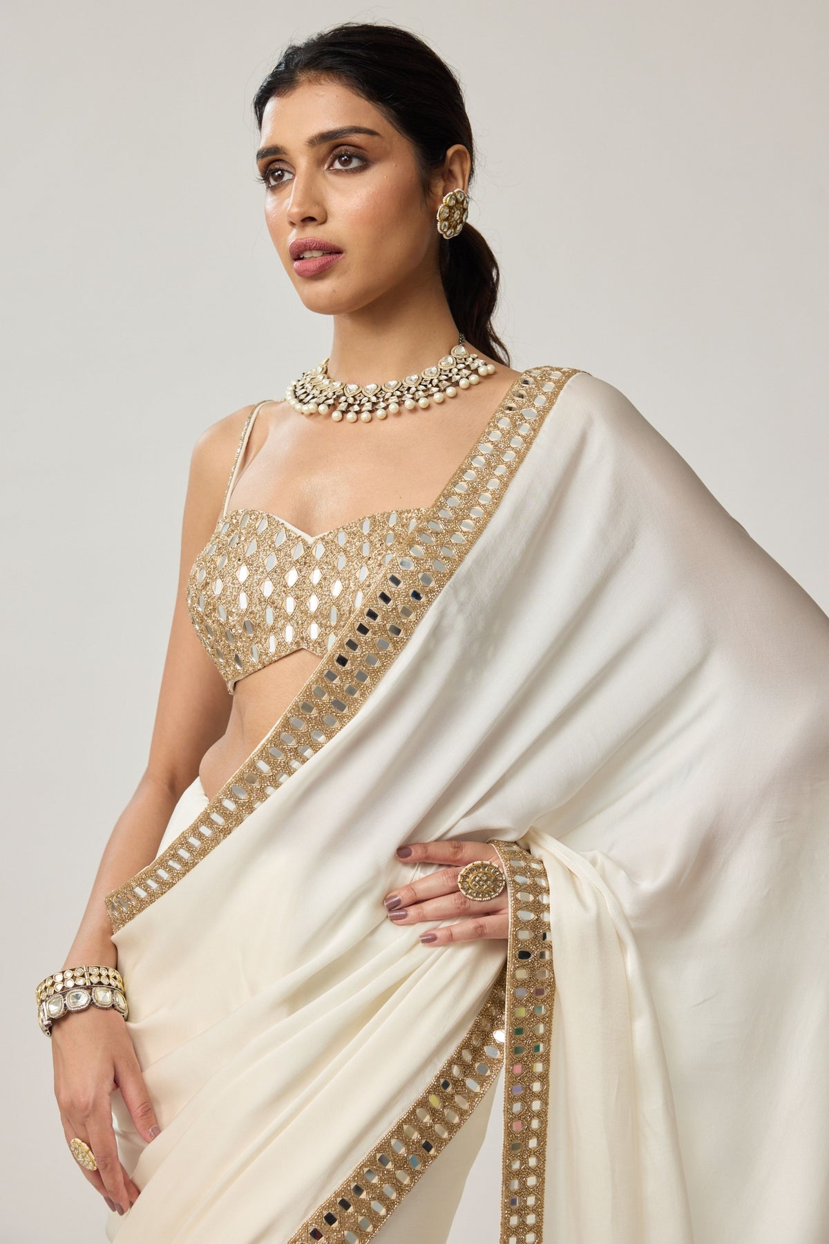 Off White Mirror Saree Set