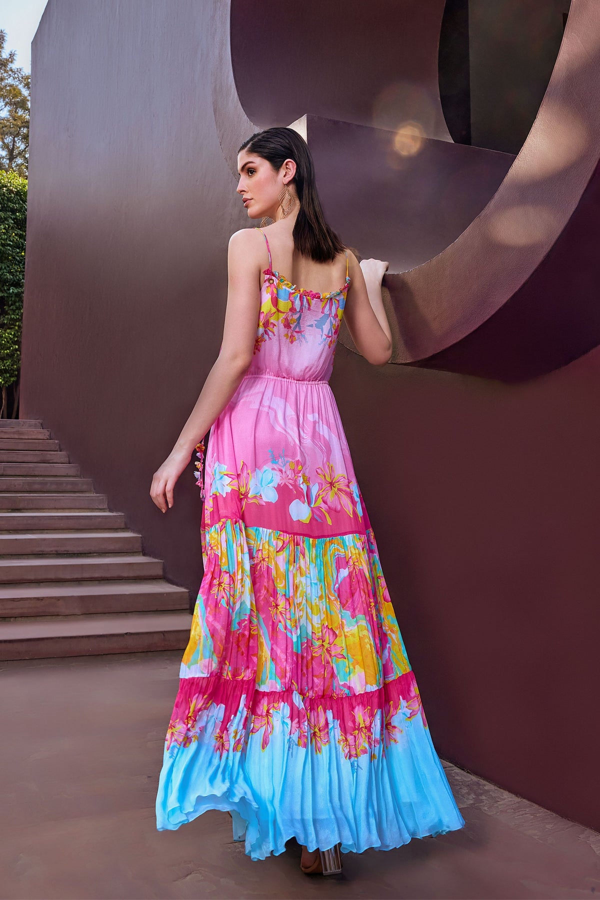 Pink Placement Tiered Maxi Dress