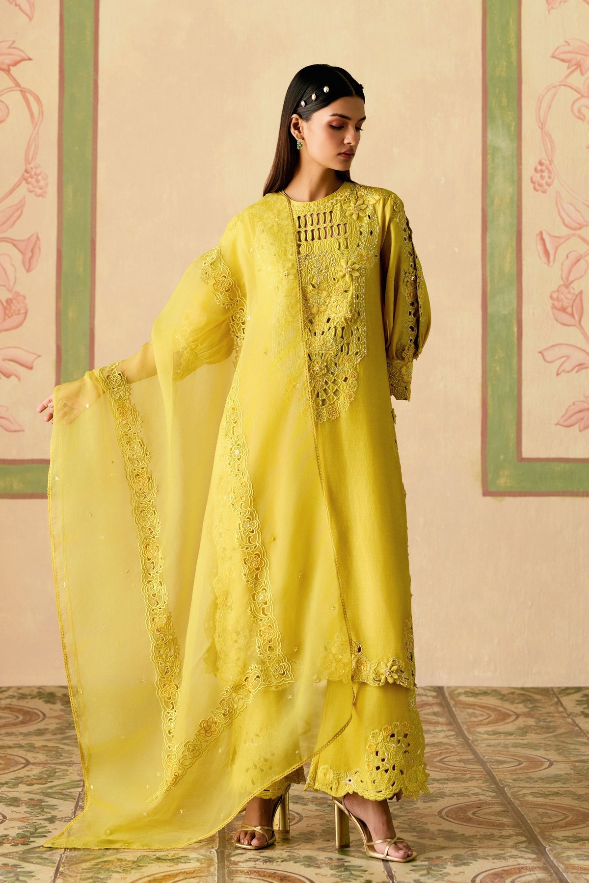 Yellow 3d Floral Kurta Set