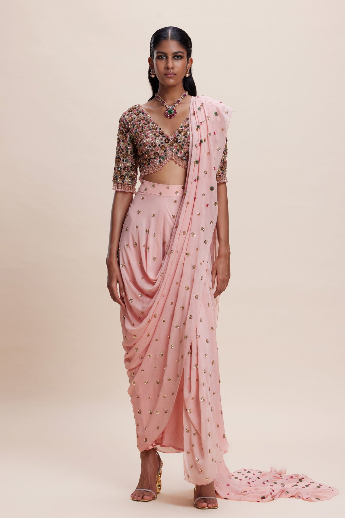 Pink Draped Saree Set
