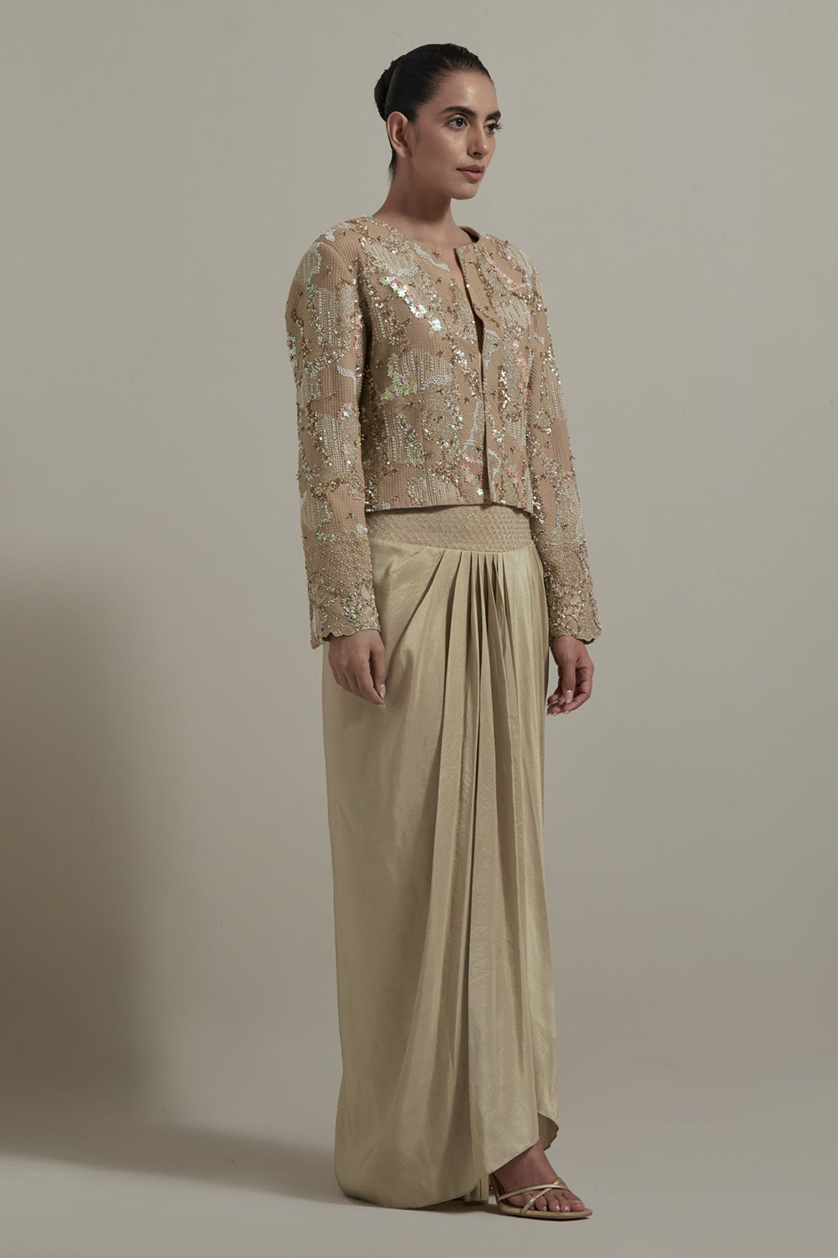 Beige Embellished Drape Skirt Set