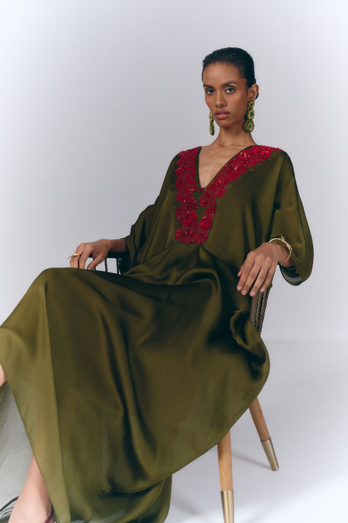 Sage Green Embroidered Draped Kaftan