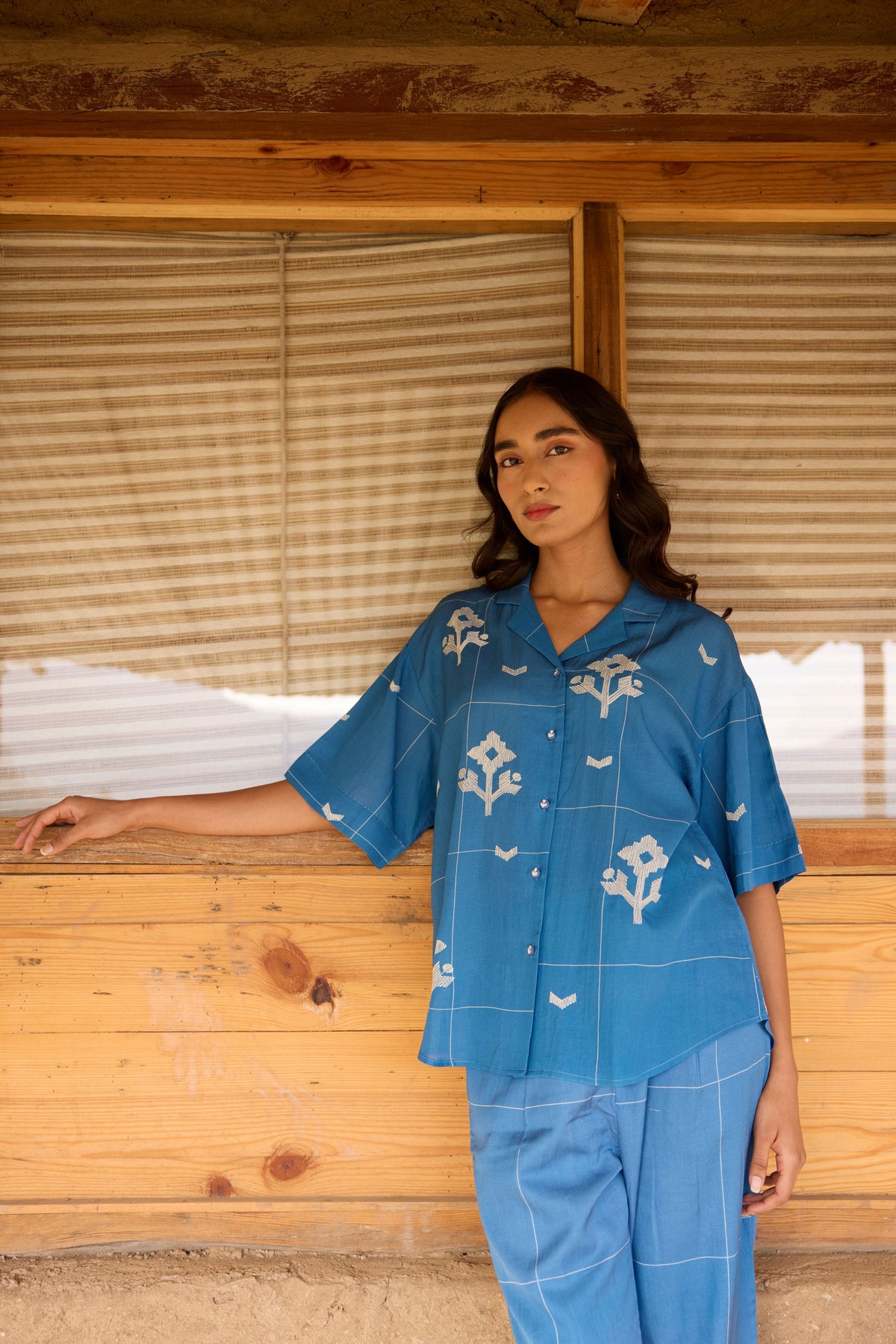 Blue Embroidered Drop Shoulder Shirt