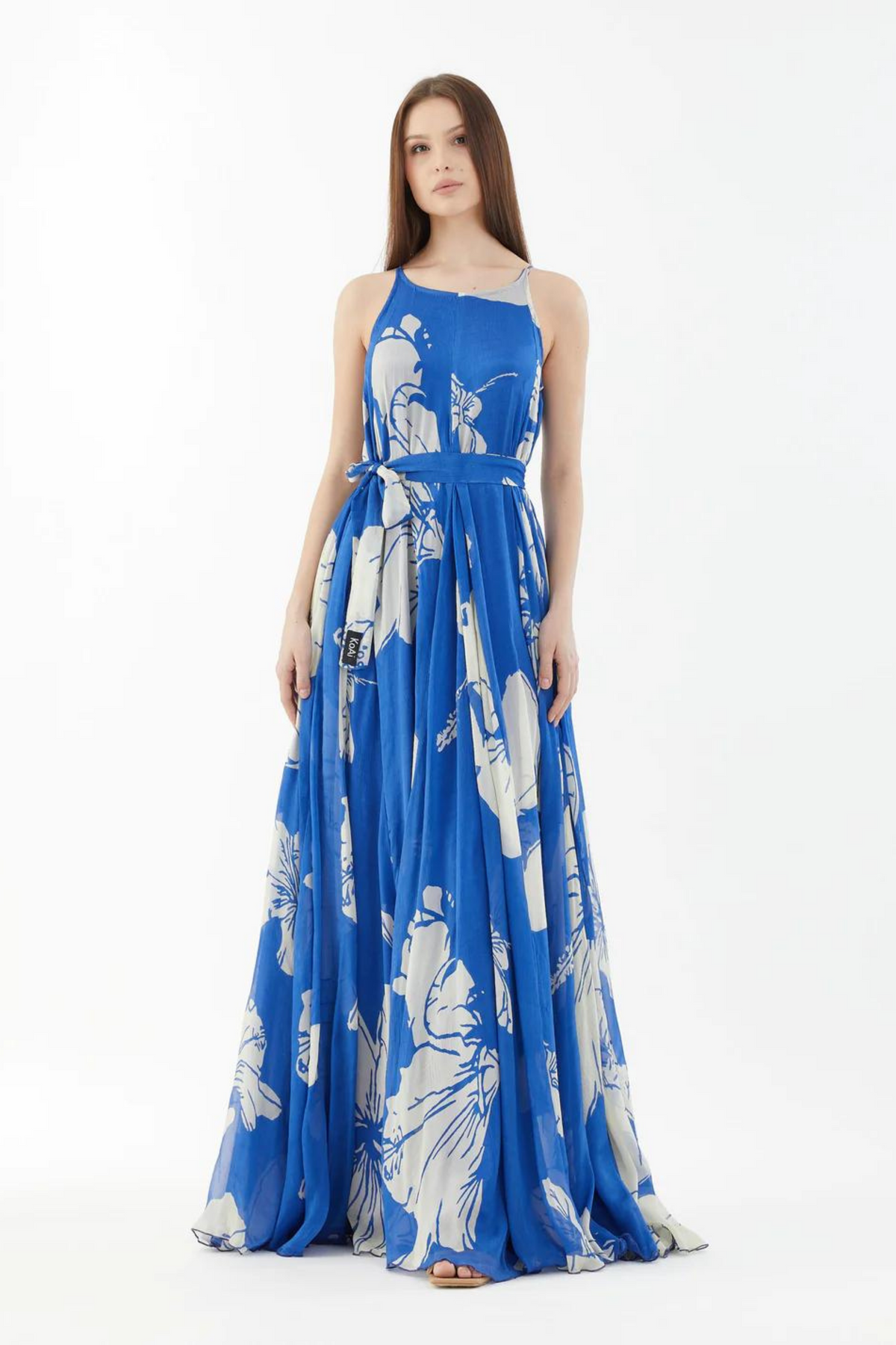 Blue And White Floral Sleeveless Long Dress