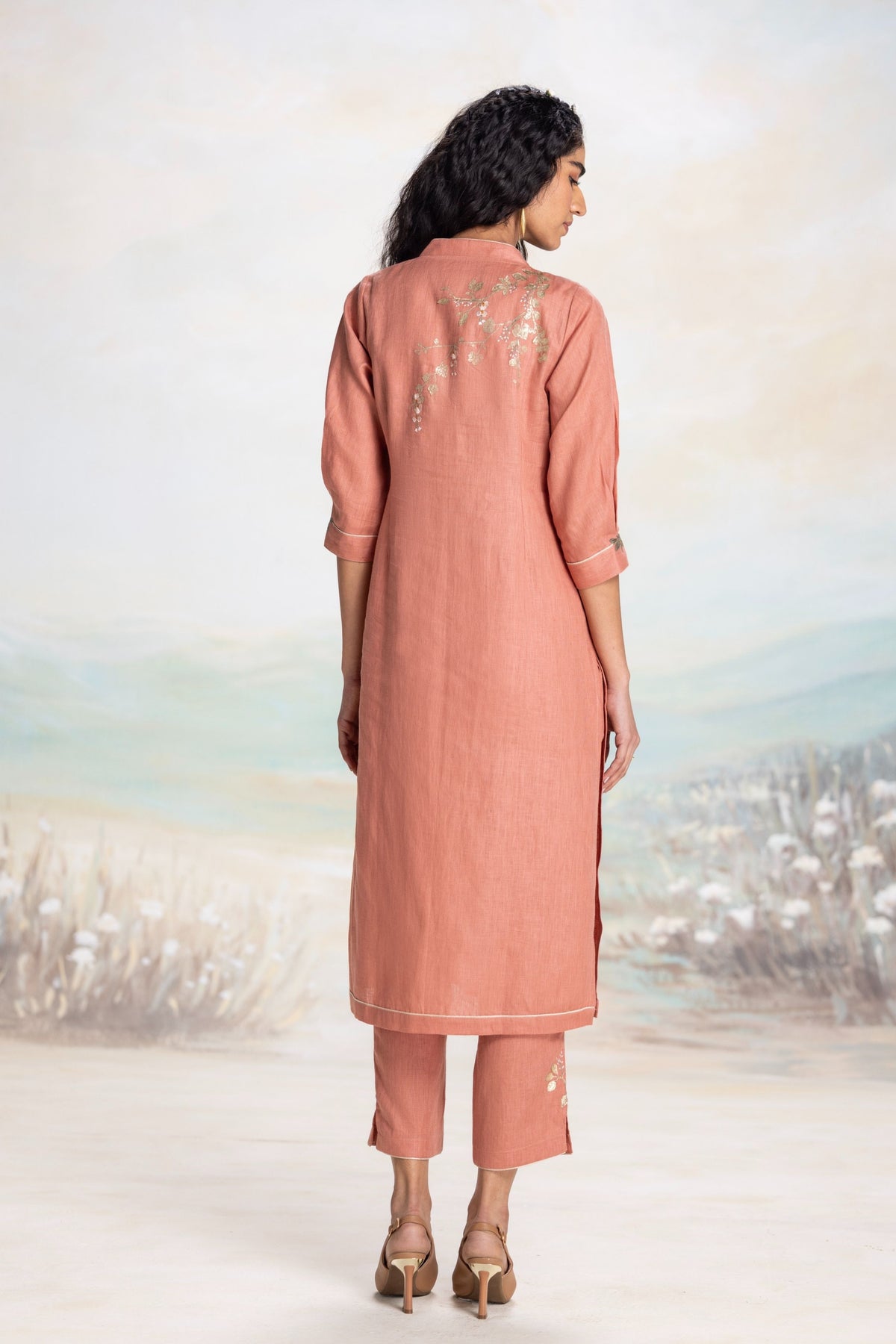 Golden Leaf Peach Kurta Set