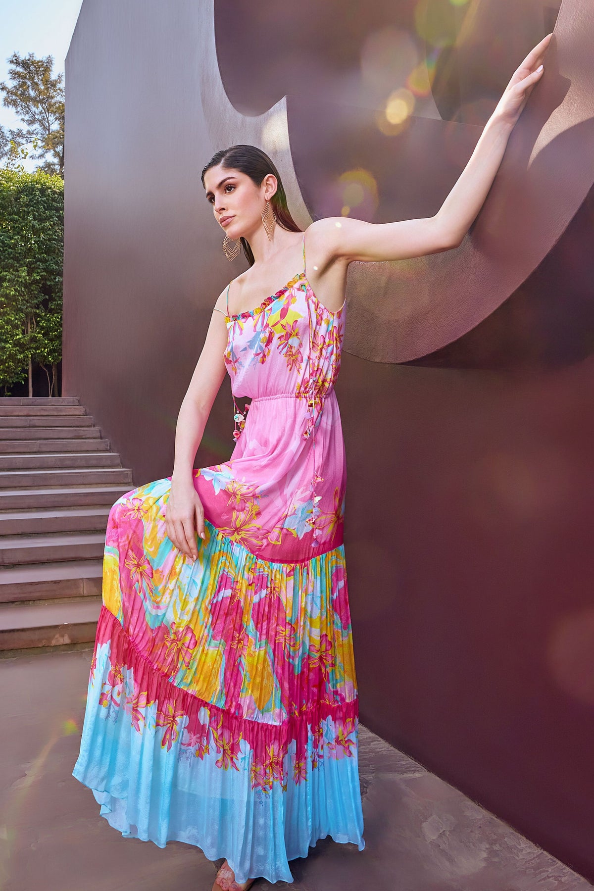 Pink Placement Tiered Maxi Dress