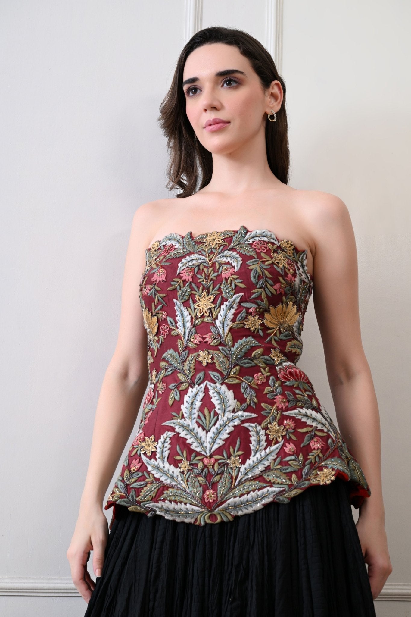 Maroon & Black Embroidered Corset Set - Samant Chauhan - Elahe