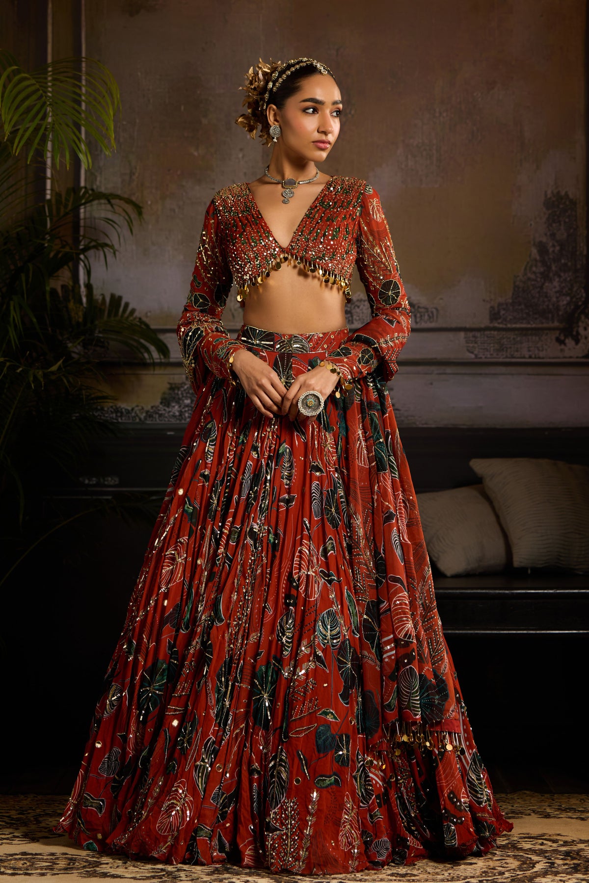 Rust Leaf Print Lehenga Set