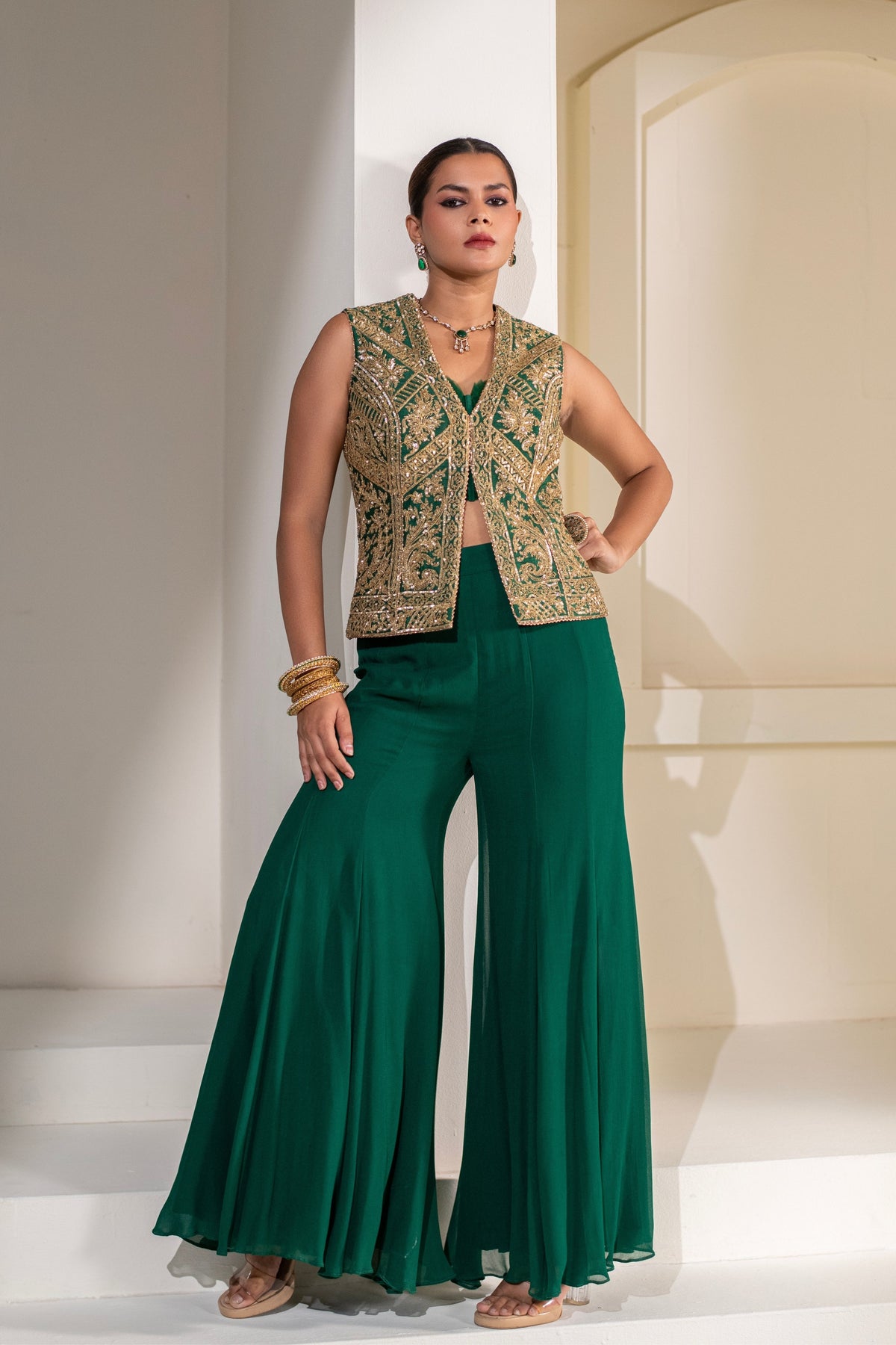 Emerald Green Embellished Jacket Set