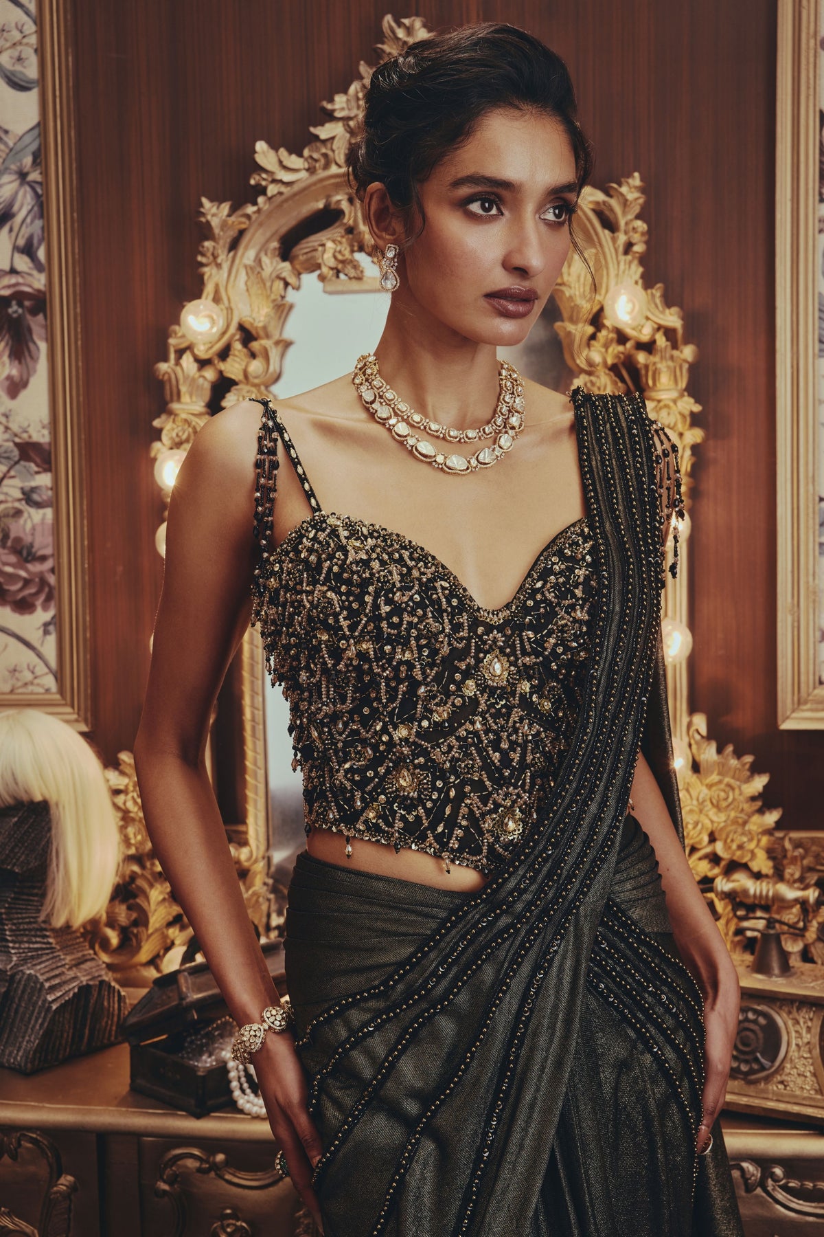 Vespera Metallic Draped Saree Set