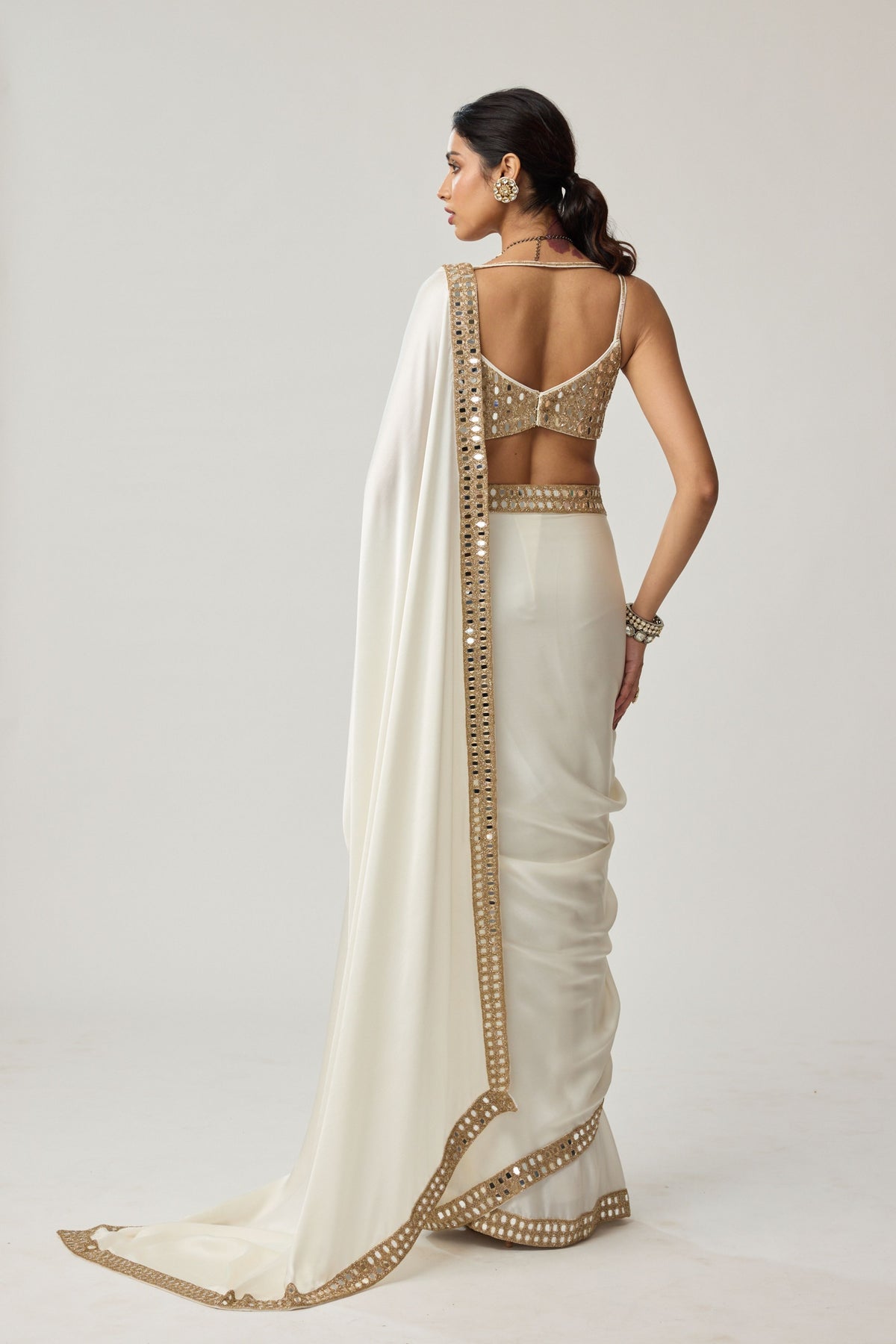Off White Mirror Saree Set