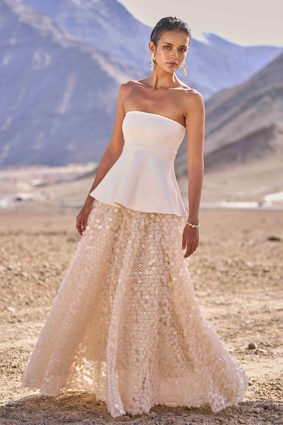 Ivory Peplum Top &amp; 3d Floral Sequin Skirt
