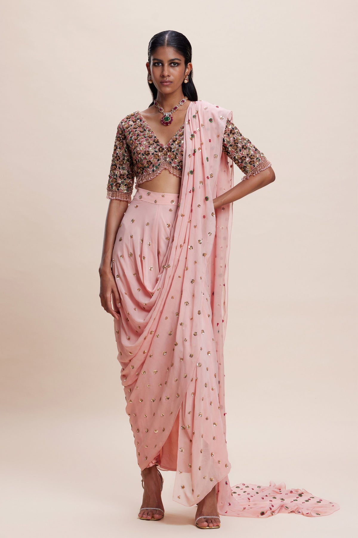 Pink Draped Saree Set