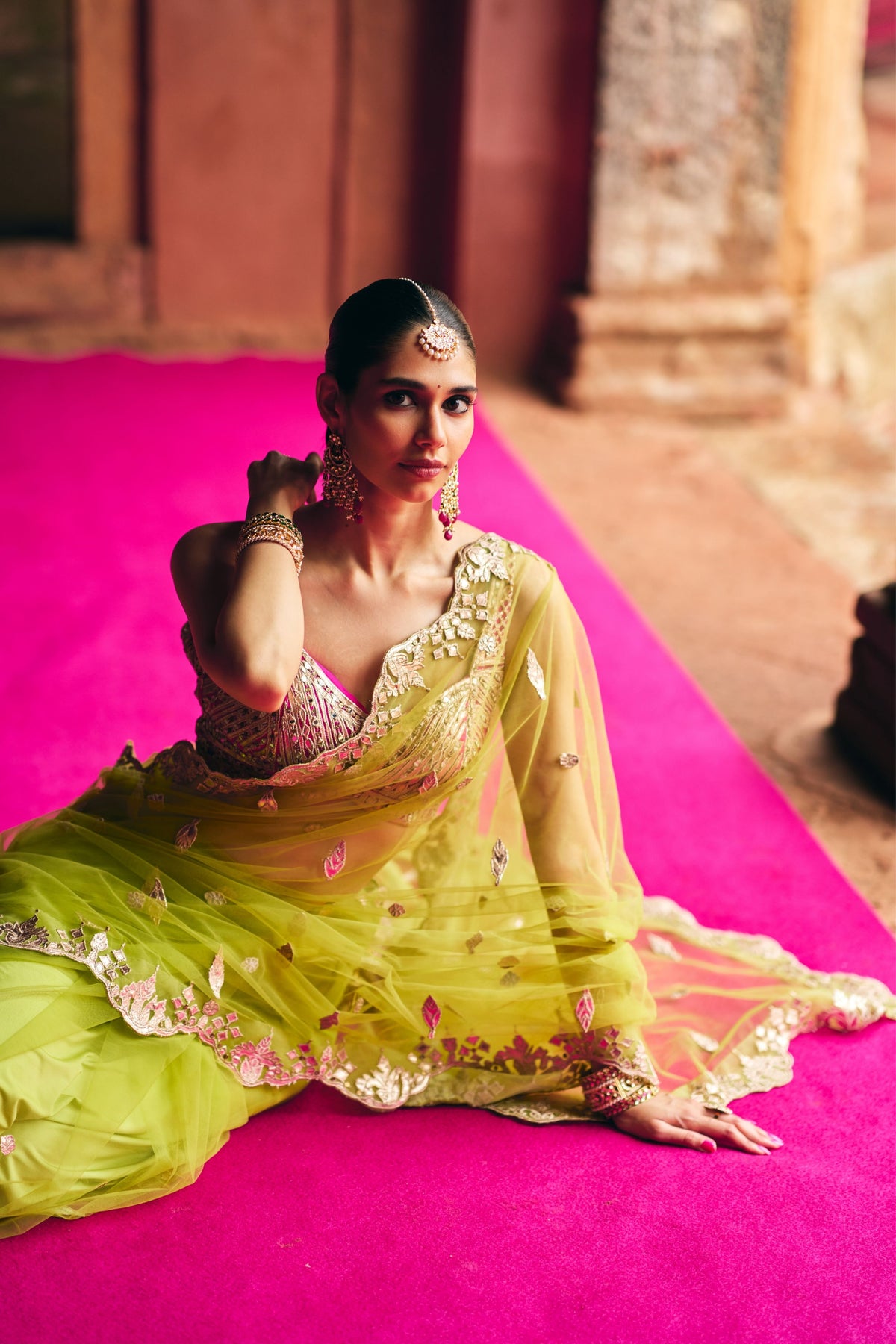 Lime Green Net Saree Set