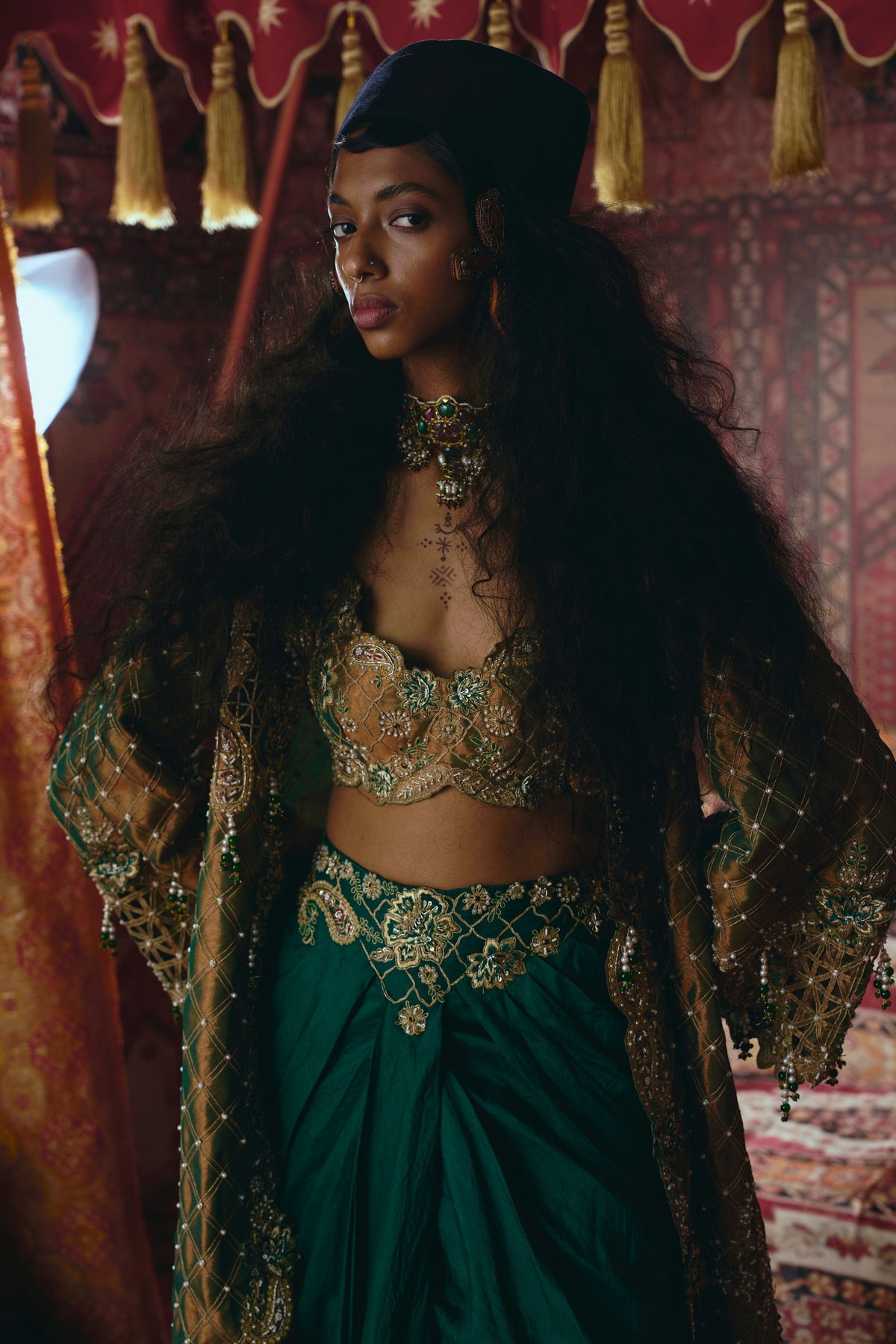 Emerald Green Draped Skirt Set