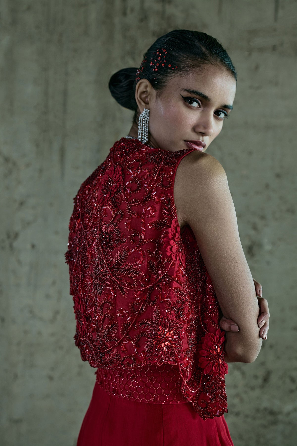 Red Embellished Jacket Set