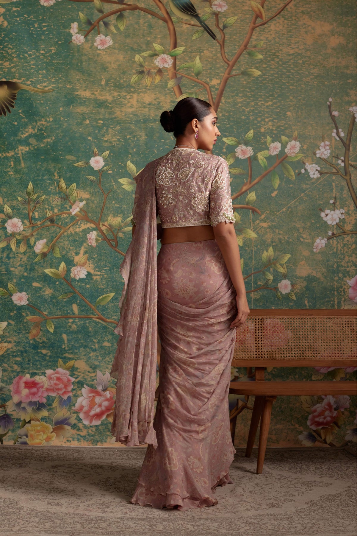 Flamboyance Dusky Pink Drape Saree Set