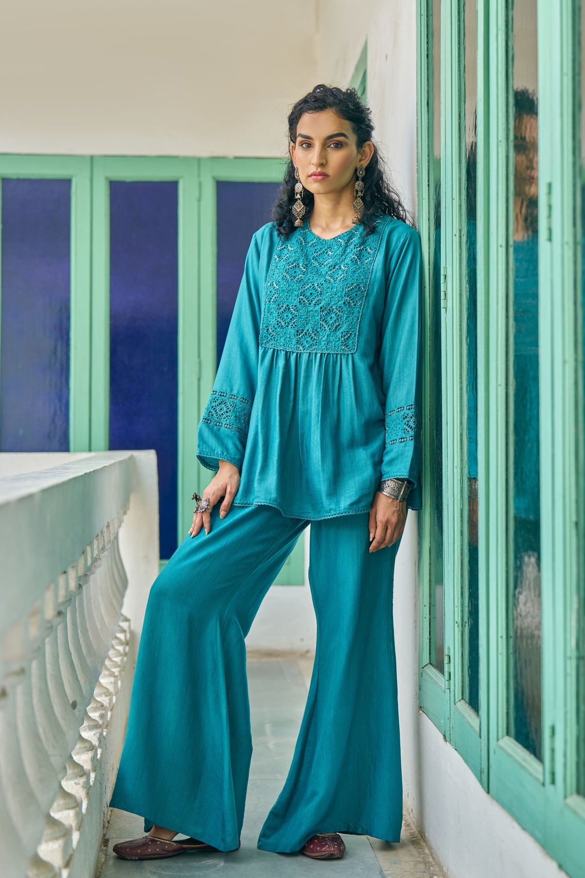 Teal Cutwork Tunic Set
