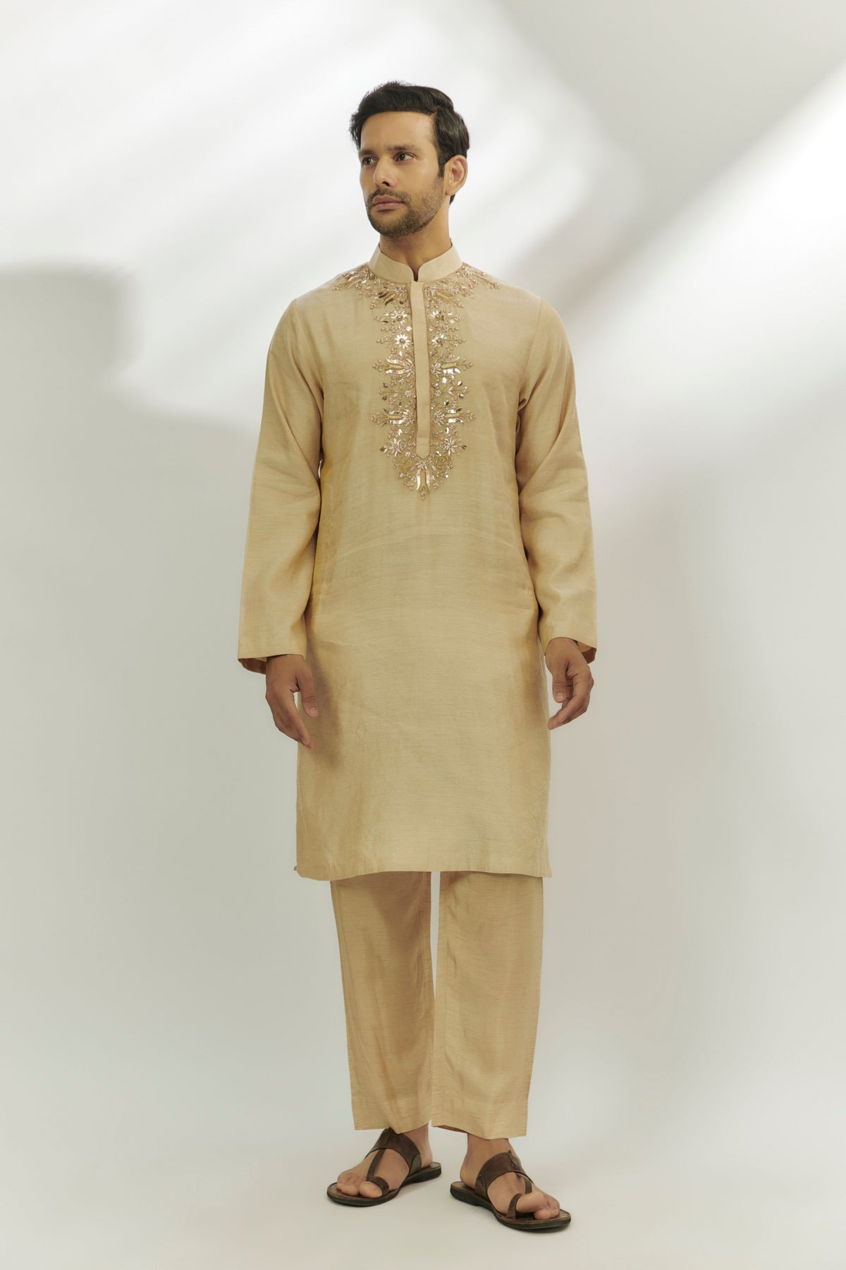 Beige Chanderi Tissue Embroidered Kurta Set