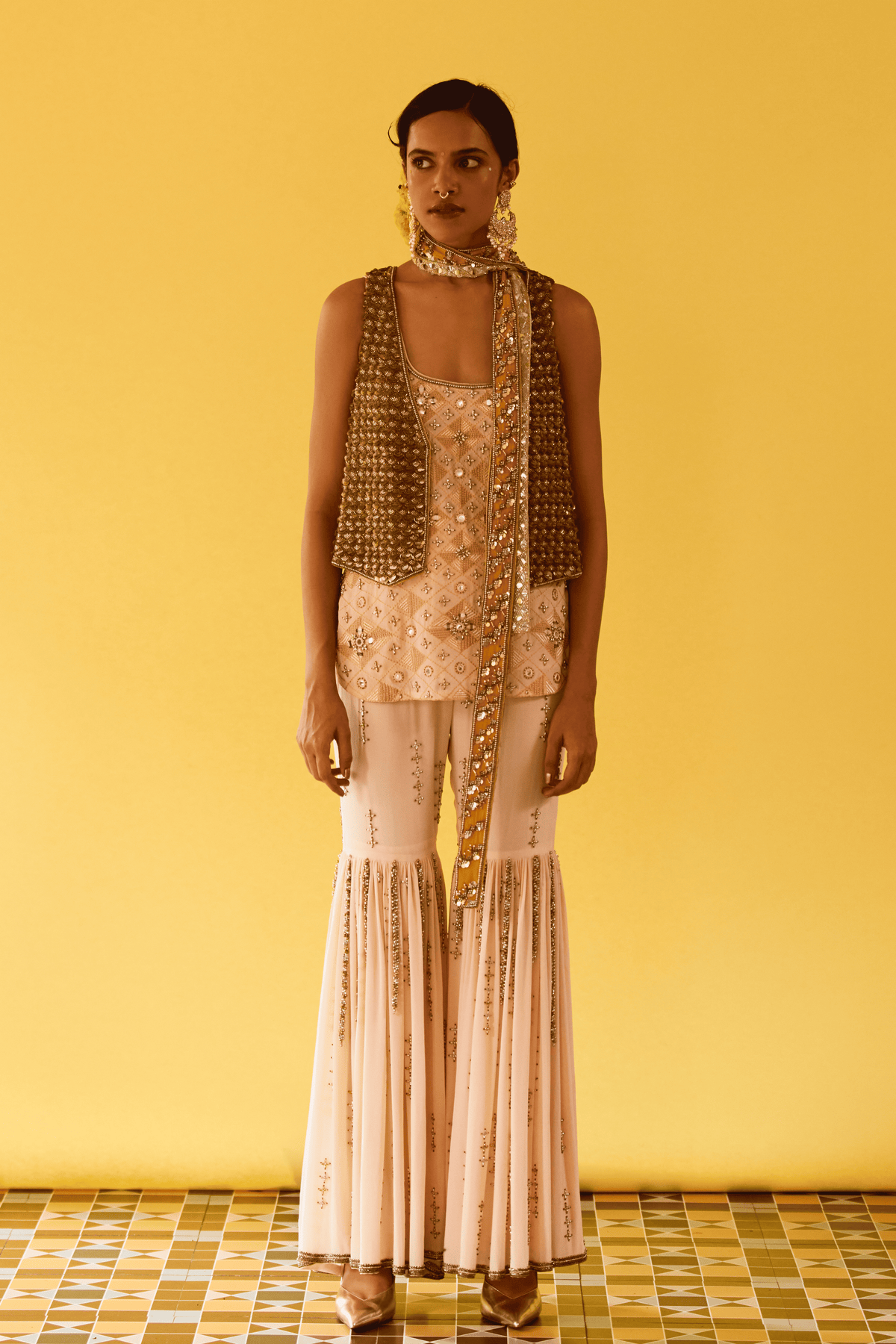 Mustard Sequin Waistcoat With Gharara