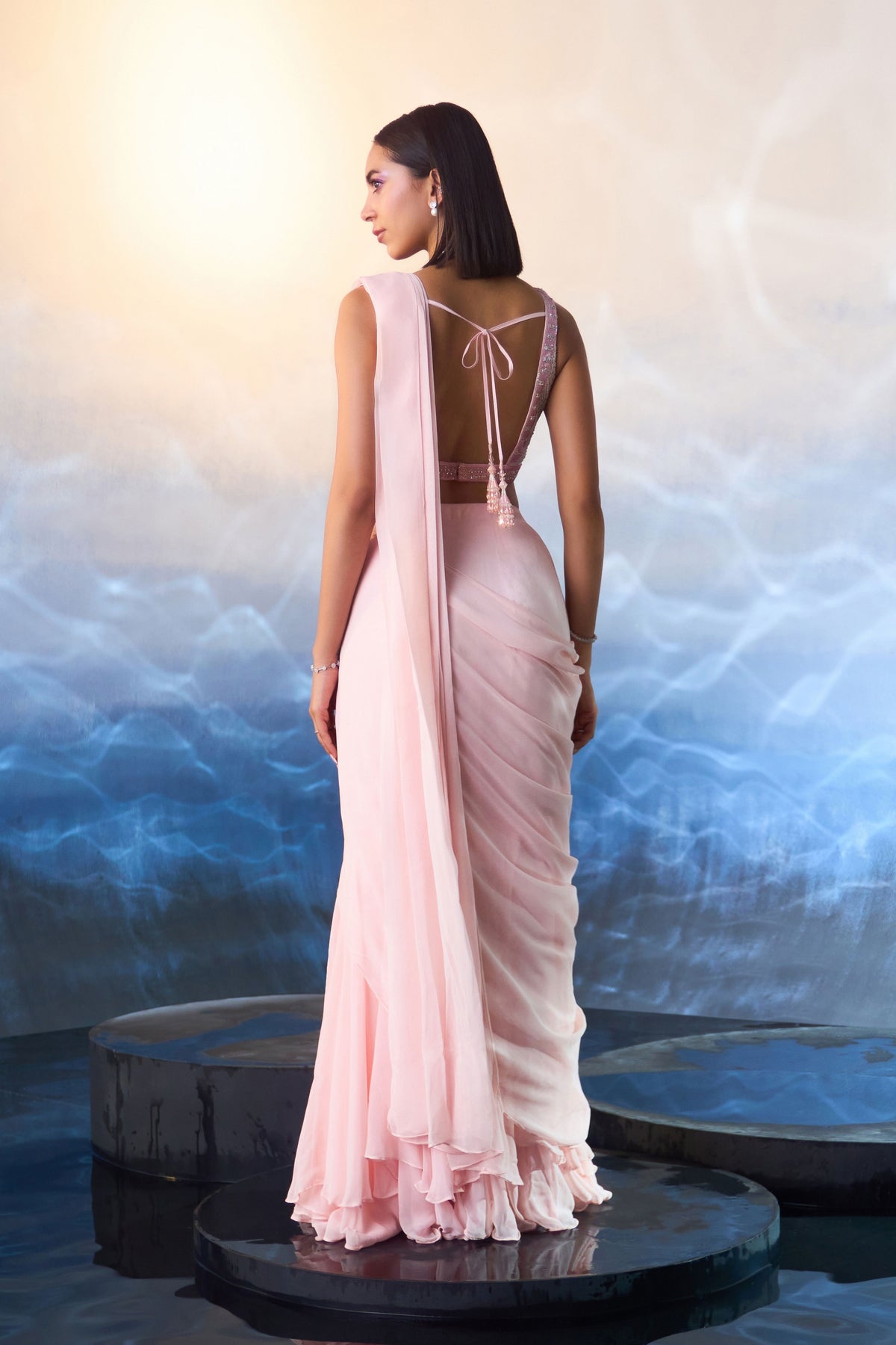 Powder Pink Drape Saree Set