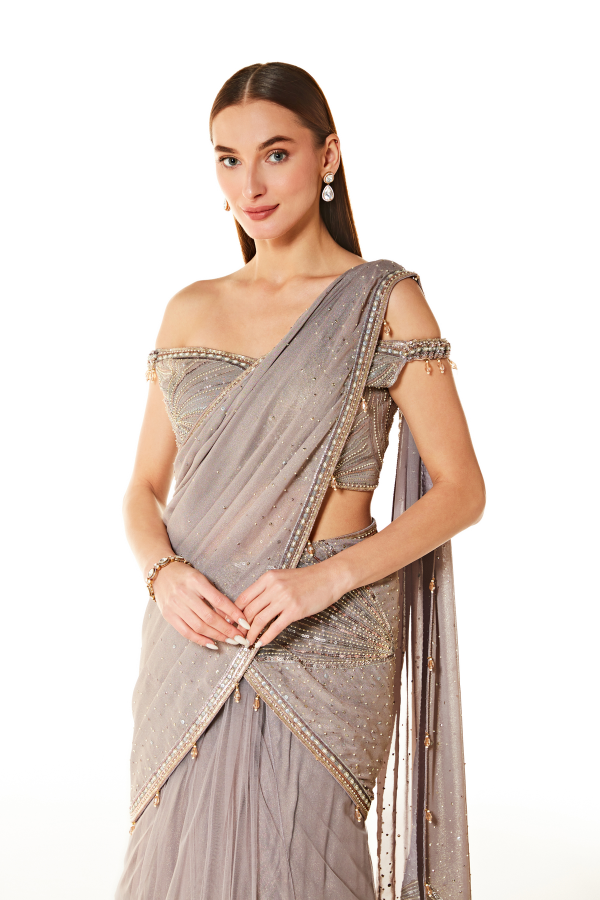 Grey Adha Embroidered Lehenga Saree Set