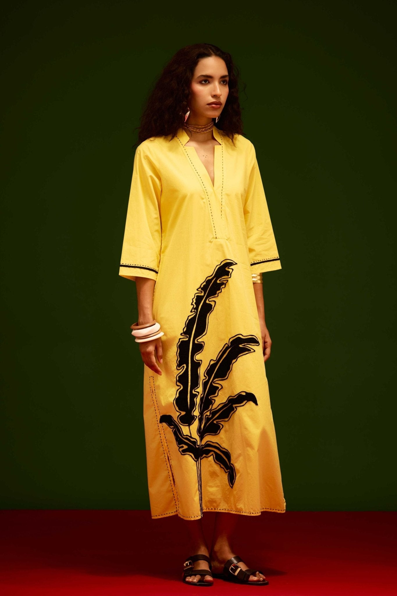 Leaf Motif Yellow Dress - Indian Summer Story - Elahe