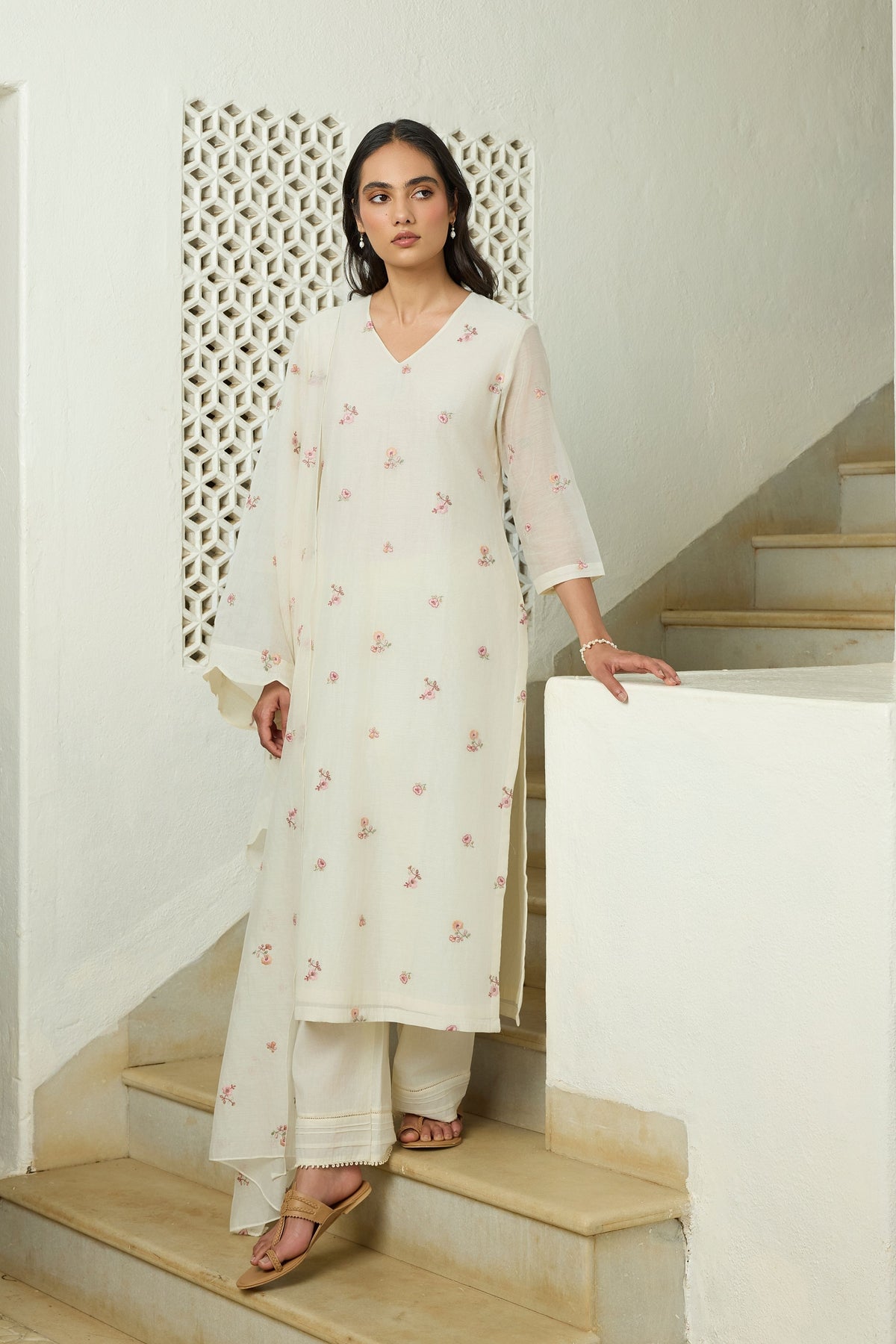 Ivory Floral Embroidered Kurta Set
