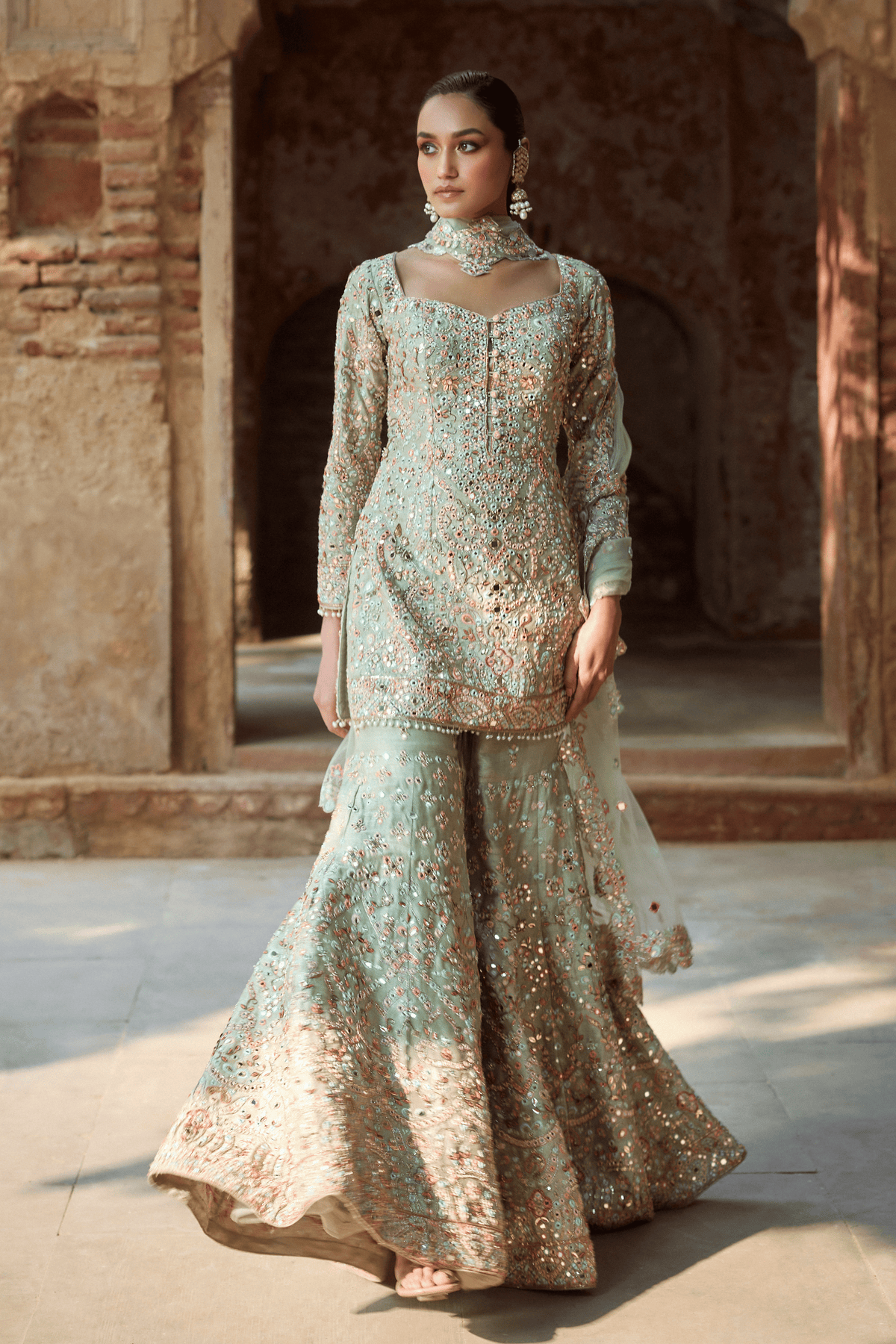 Mint Green Raw Silk Gharara Set
