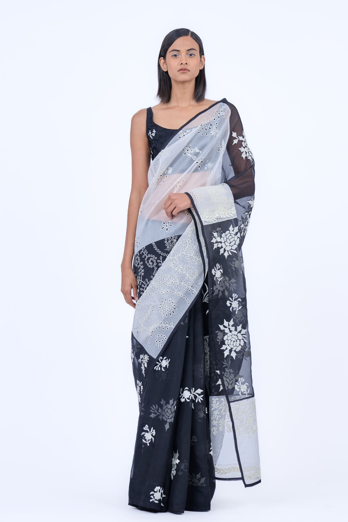 Black Ecru Threadwork Saree