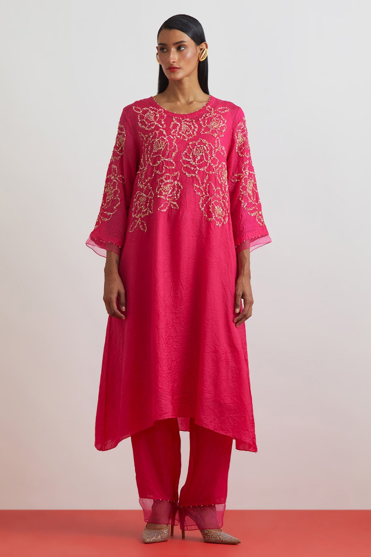 Hot Pink Floral Encrusted Kurta Set