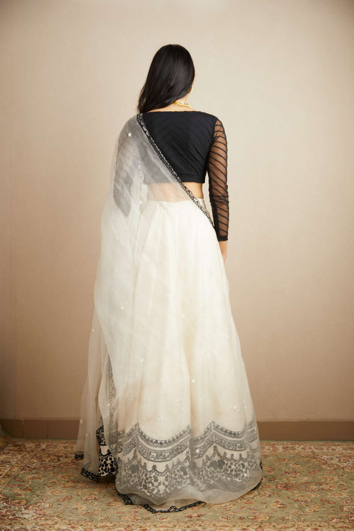 White and Black Raw Silk Lehenga Set