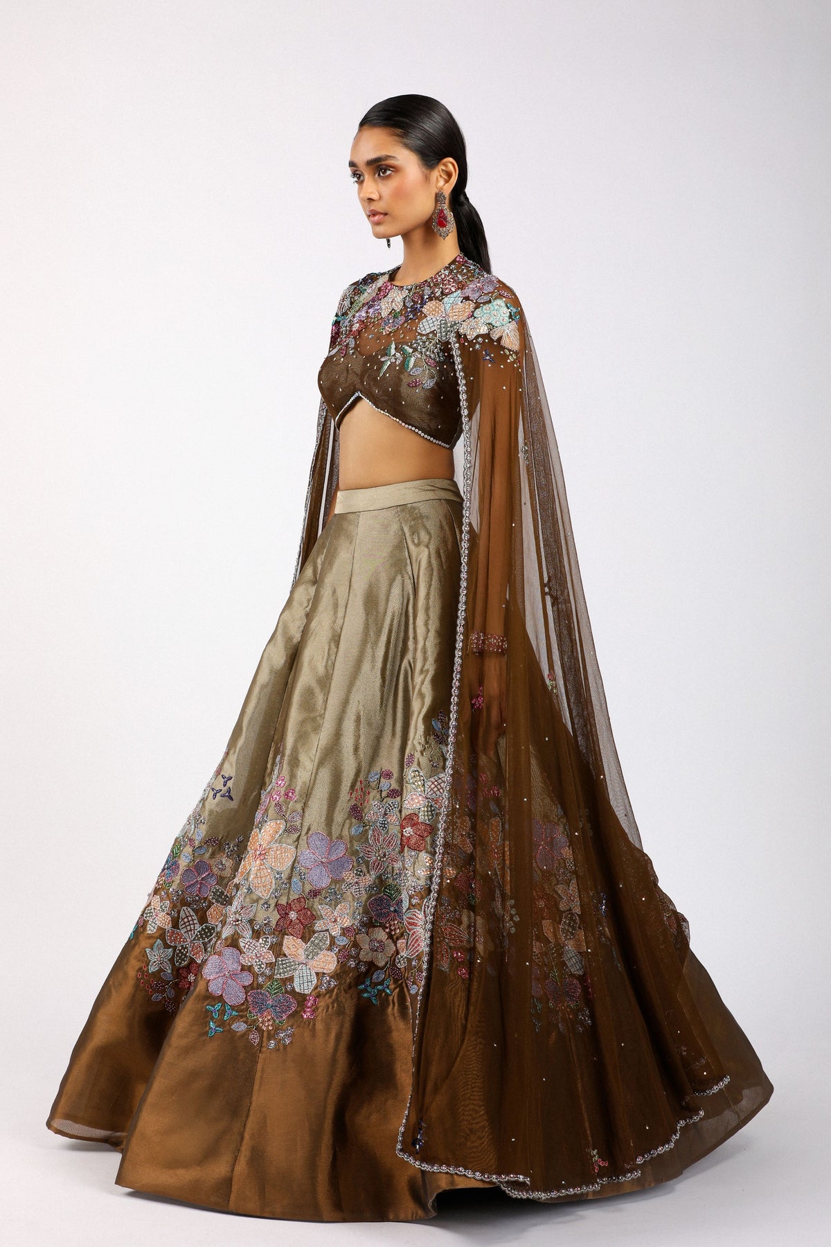 Aubepine Copper Metallic Lehenga