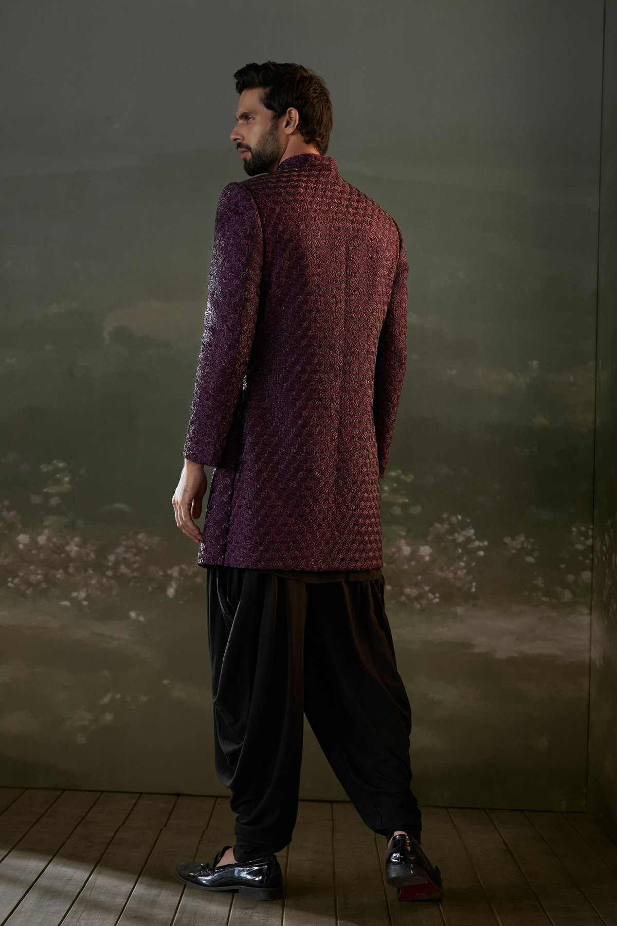 Purple And Black Embroidered Sherwani Set