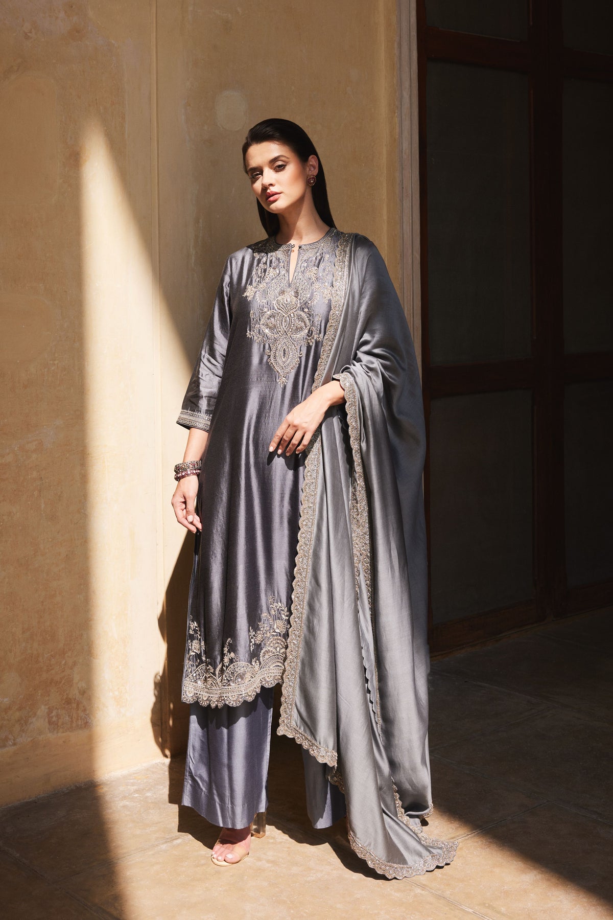 Teal Grey Embroidered Kurta Set
