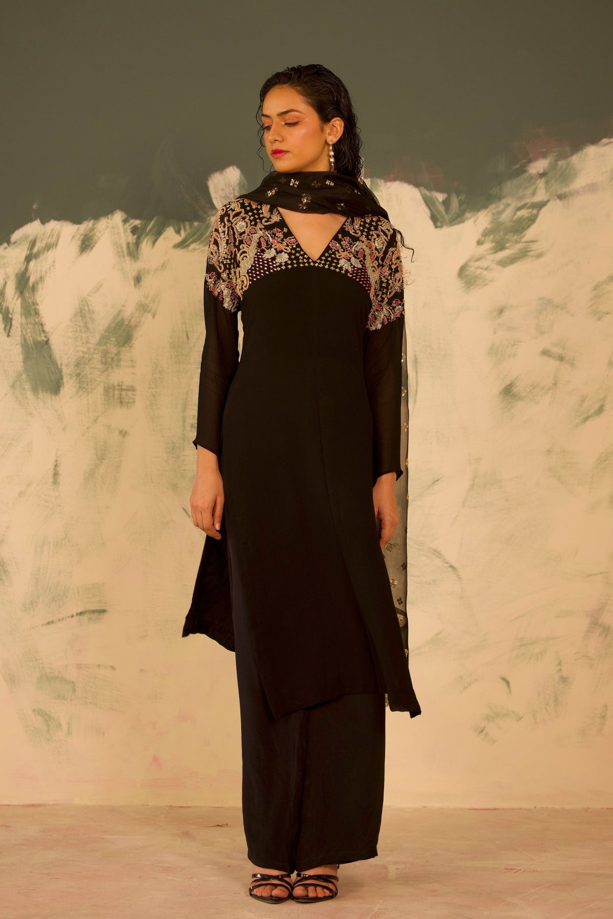V Neck Black Organza Set