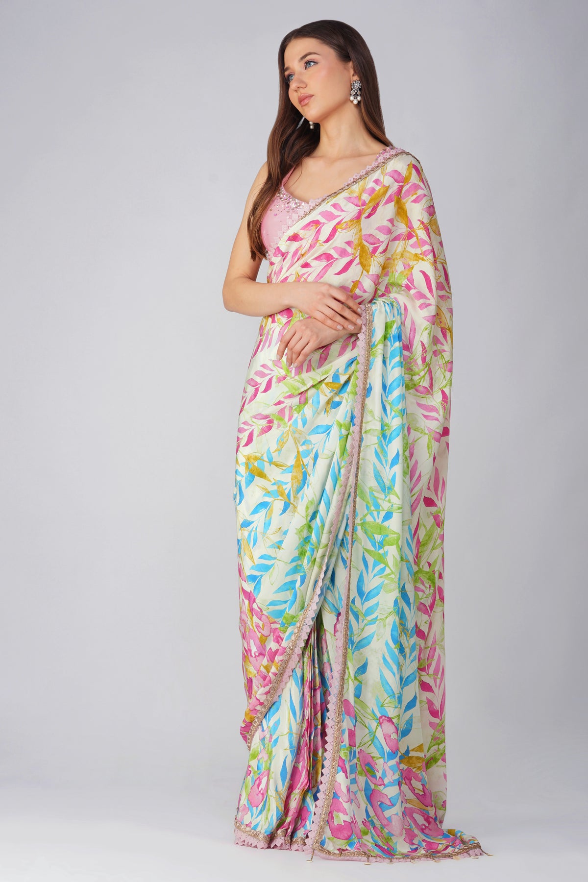 Leaf Print Pre-stitched Saree Set