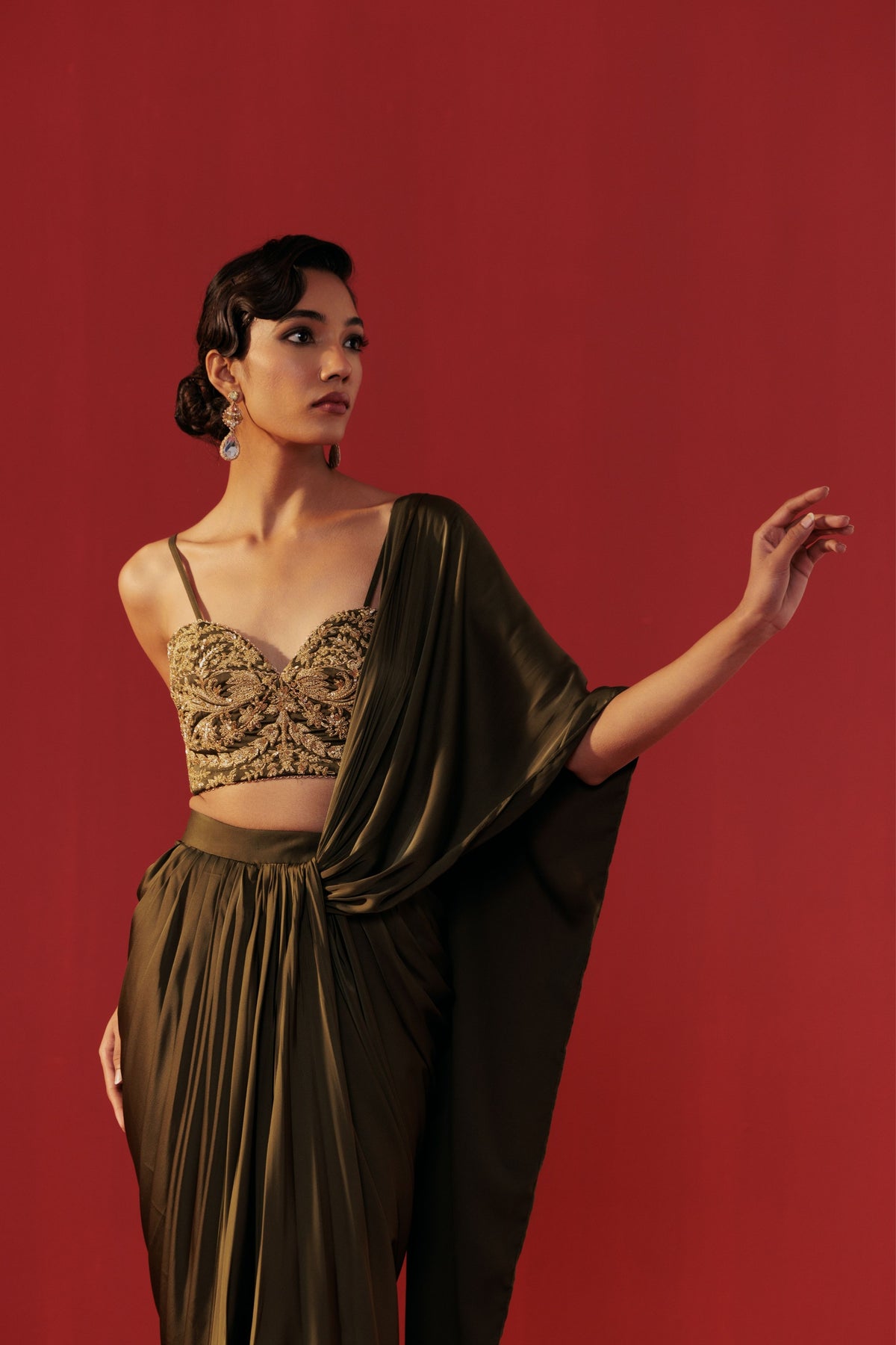 Olive Draped Saree Set