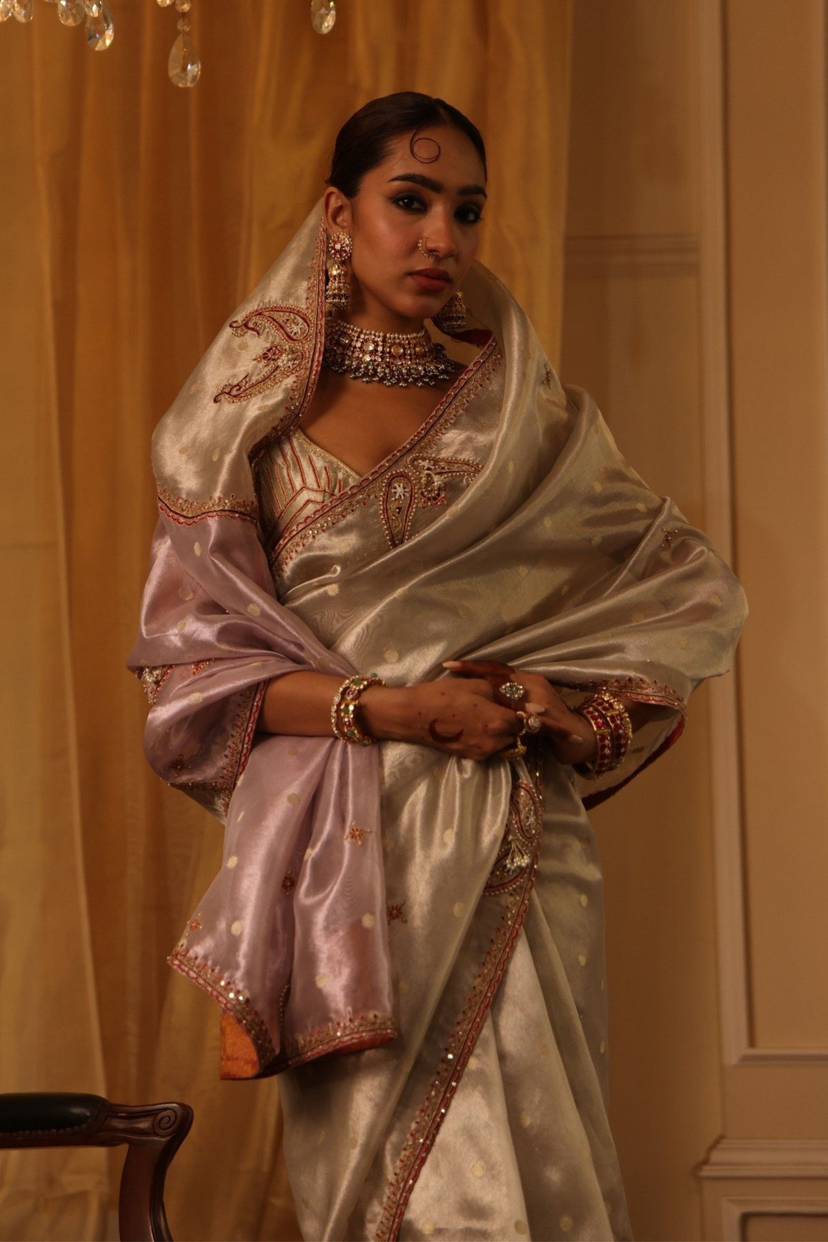 Ivory Zari Tissue Saree Set