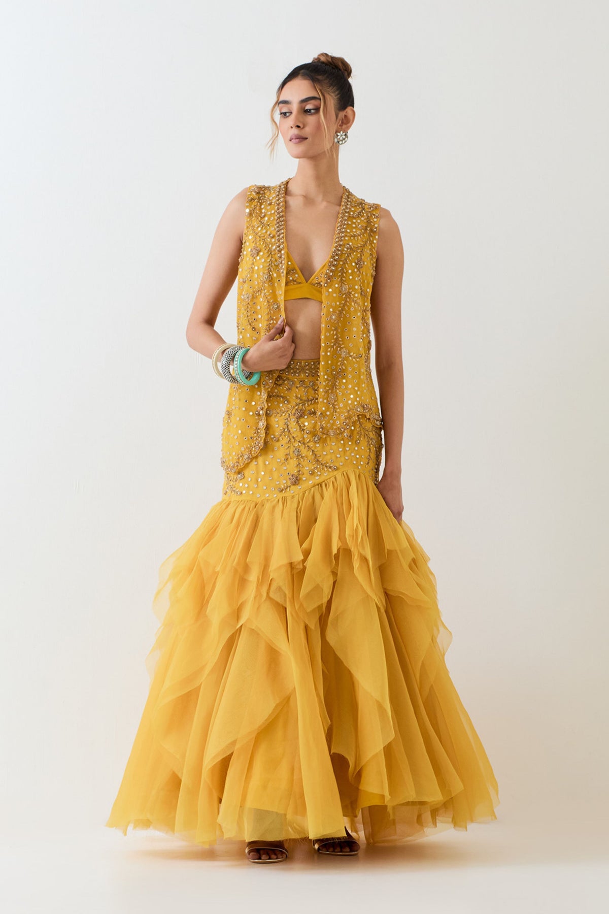 Yellow Organza Skirt Cape Set