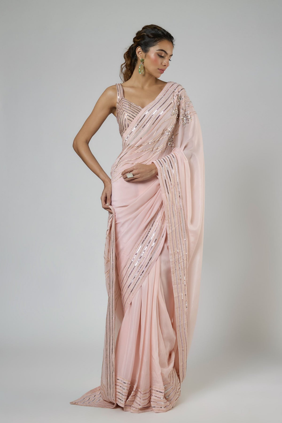Peachy Pink Draped Saree Set