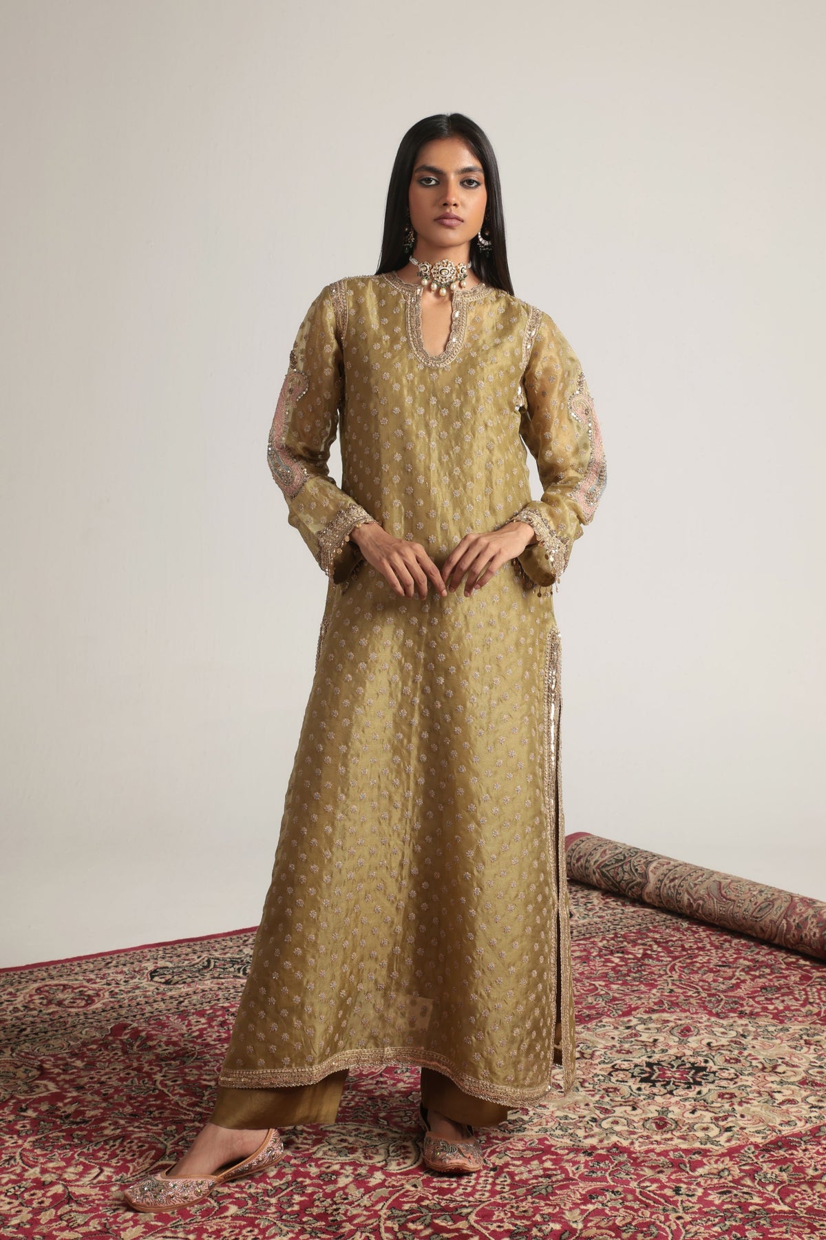 Olive Green Buti Kurta Set